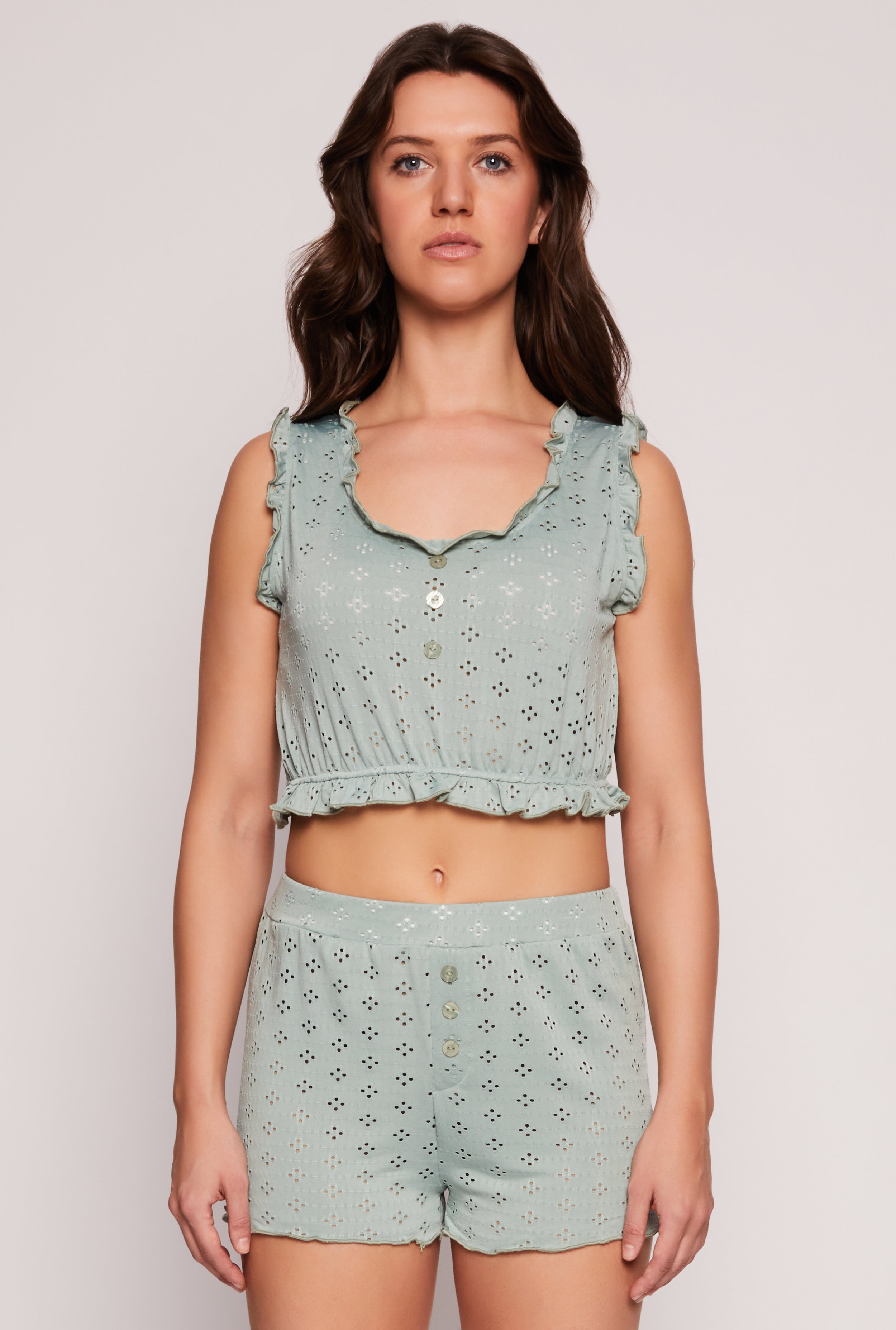 Eyelet Ruffled Pajama Crop Top and Shorts
