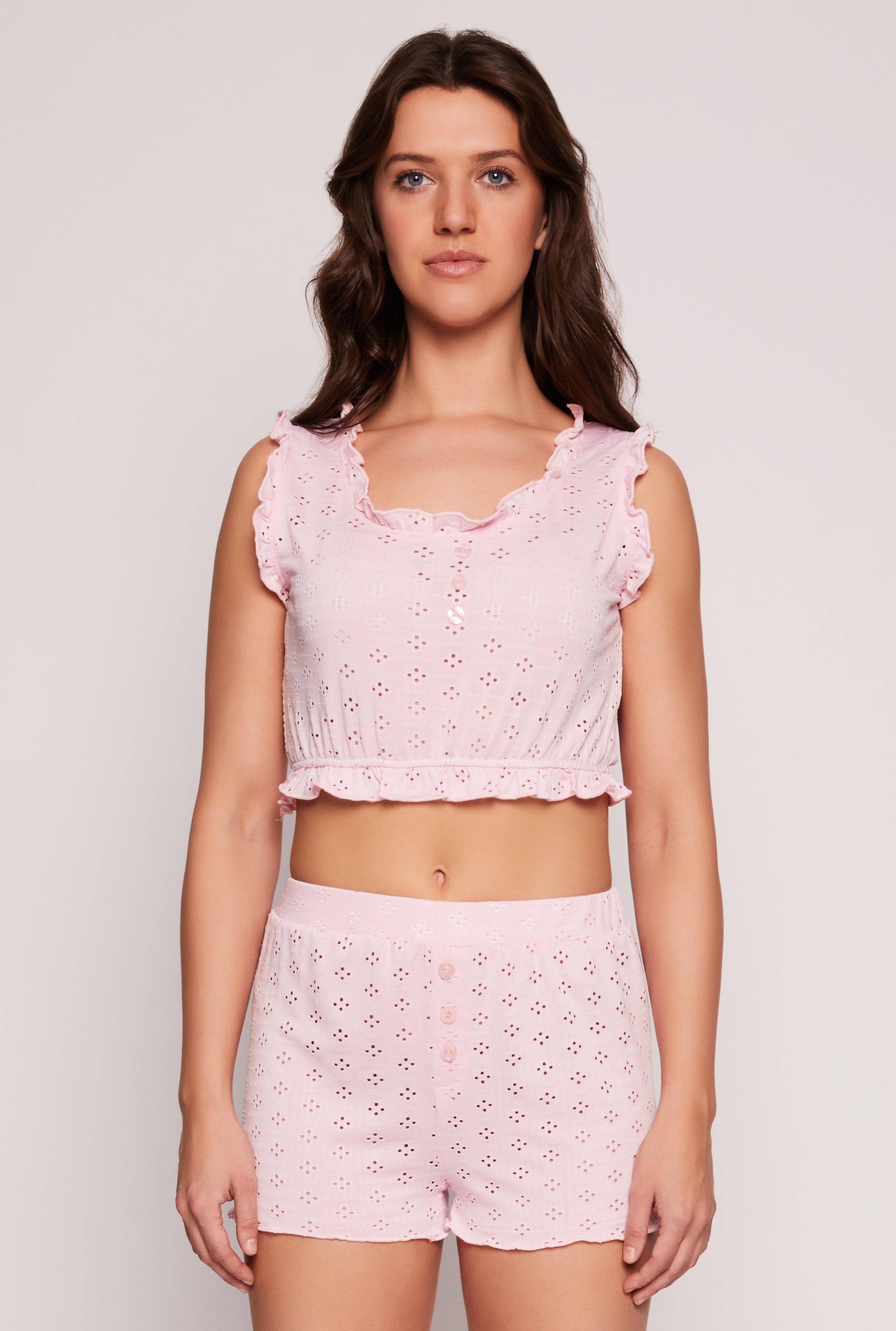 Eyelet Ruffled Pajama Crop Top and Shorts