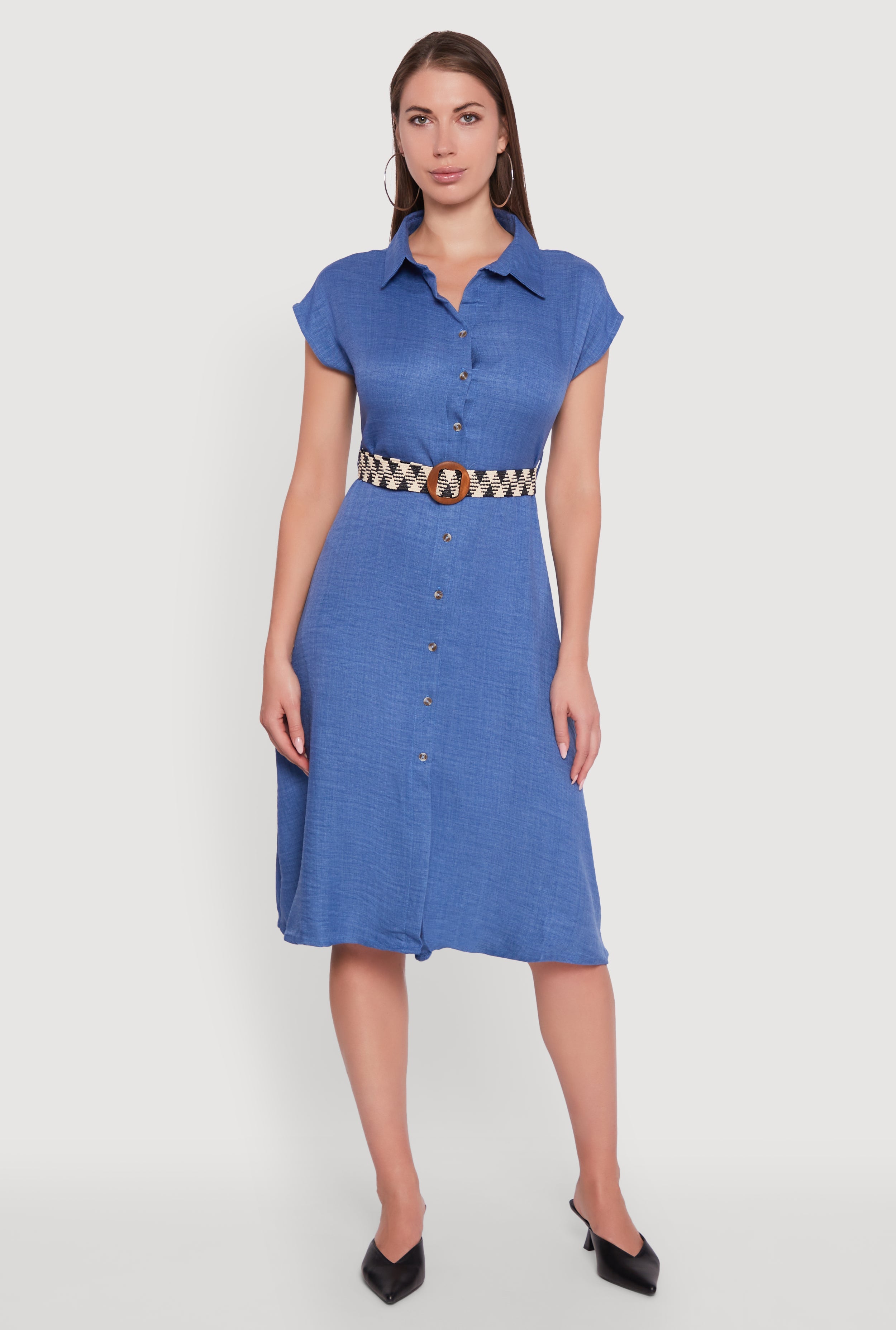 Classic Fit Midi Dress with Belt and Cap Sleeves