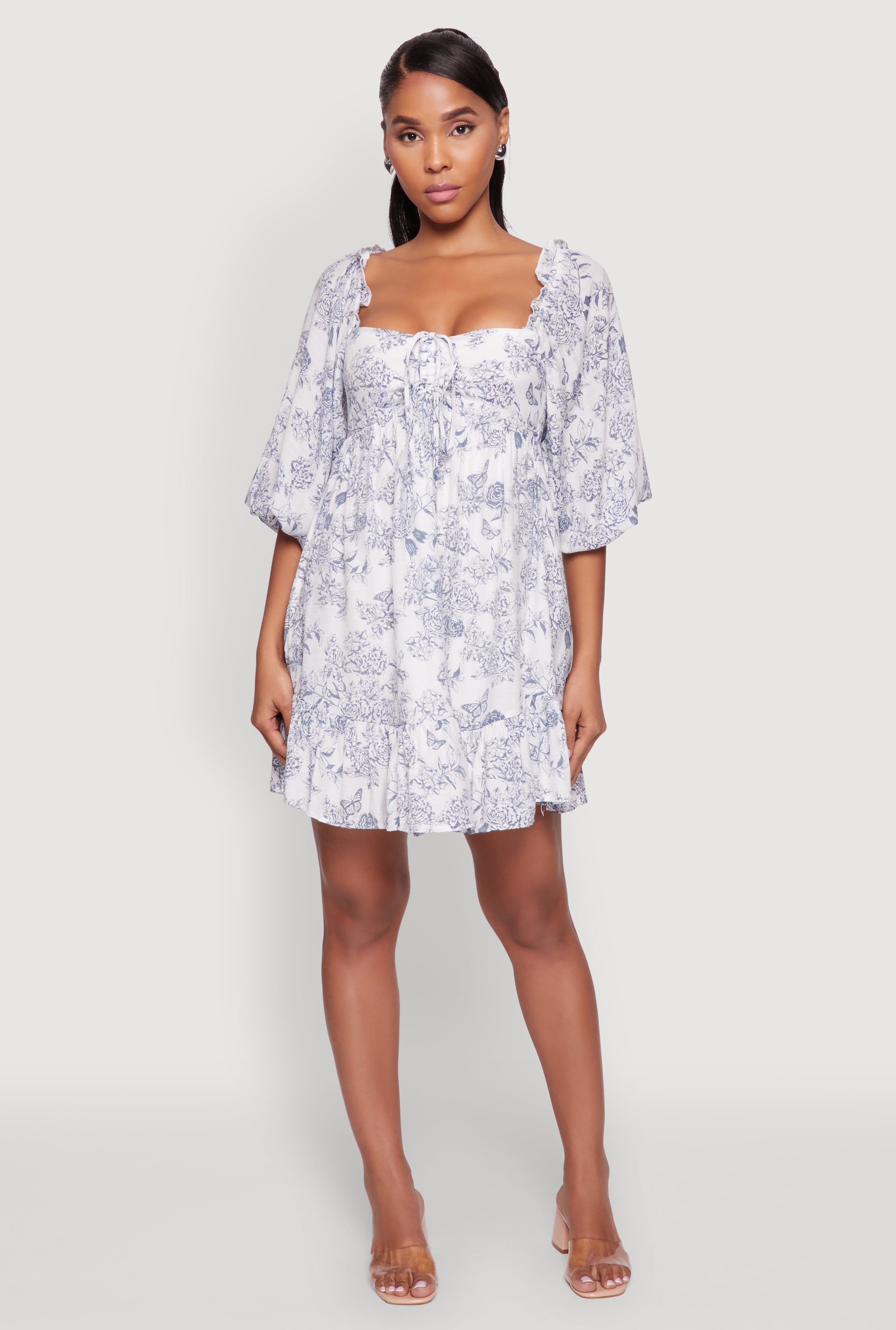 Chic Toile de Jouy Puff Sleeve Peasant Dress