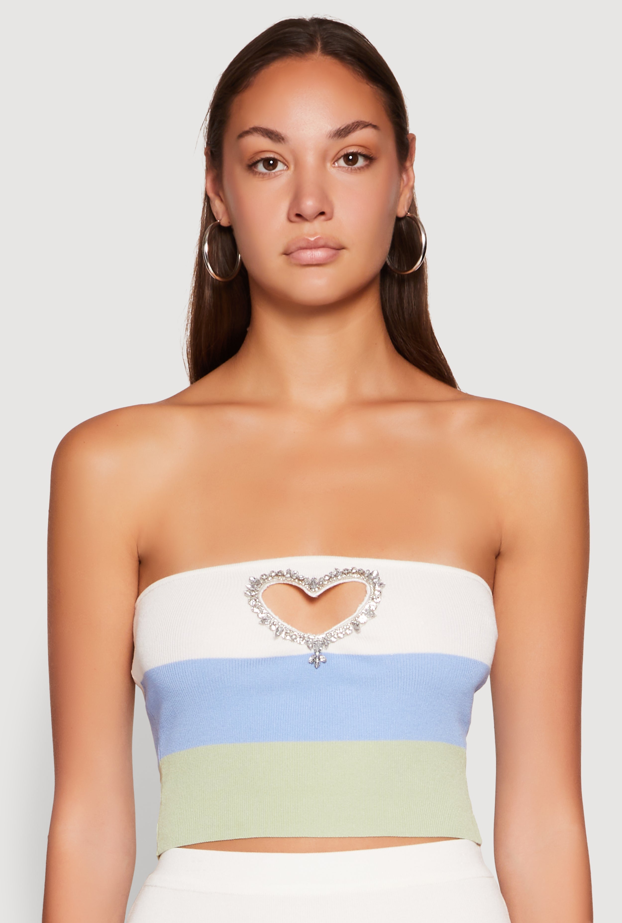 Striped Rhinestone Heart Keyhole Tube Top