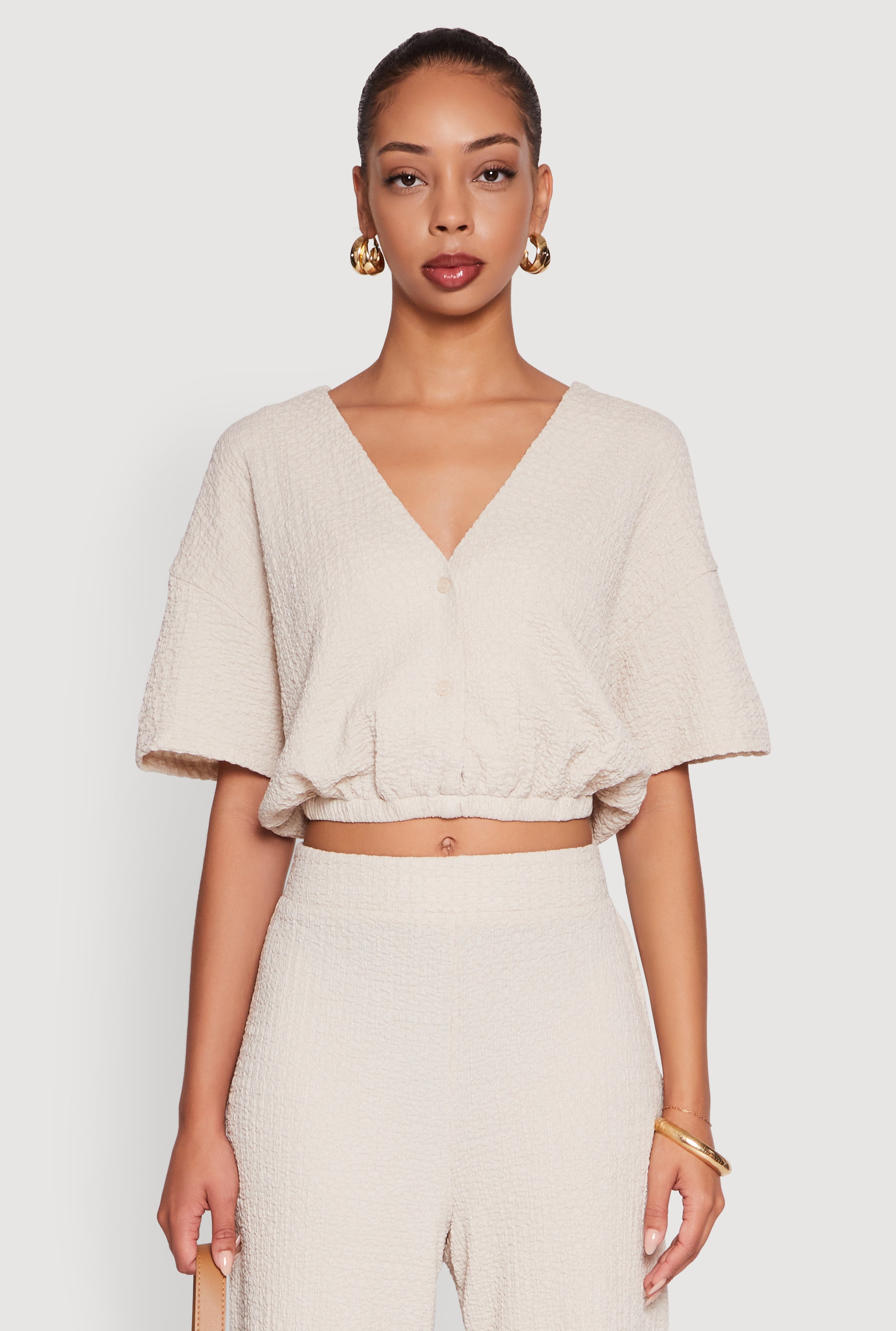 Trendy Textured Knit Button Front V-Neck Blouse