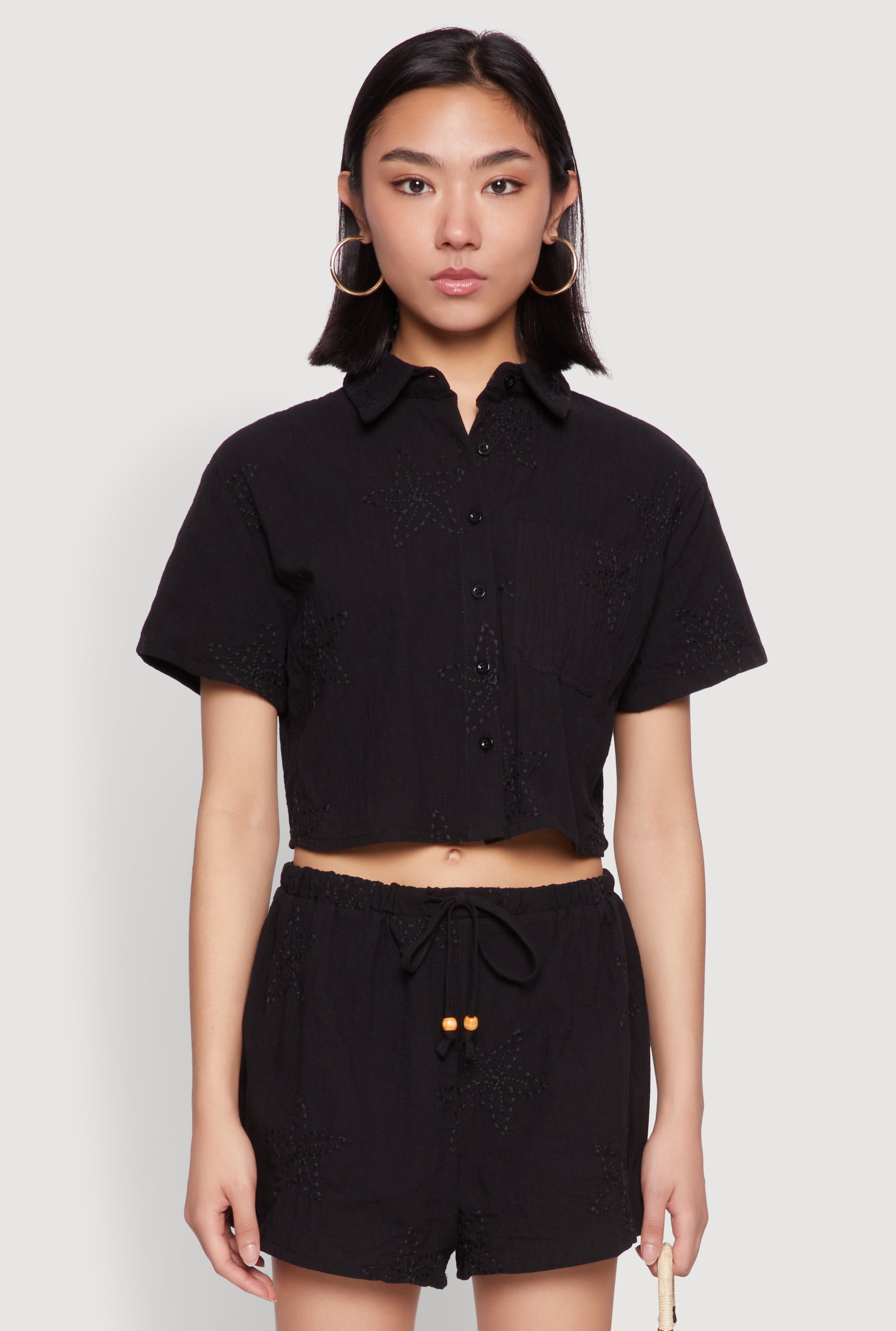 Haute Monde Decorative Stitch Cropped Shirt