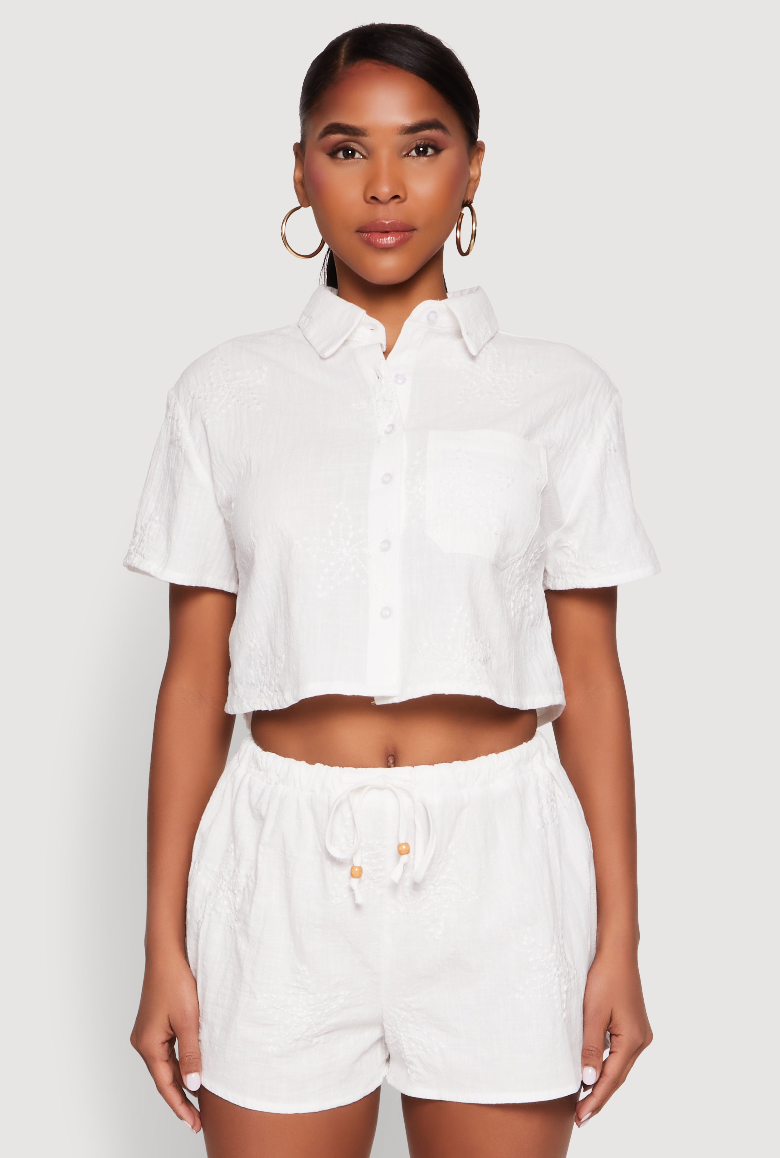 Haute Monde Decorative Stitch Cropped Shirt