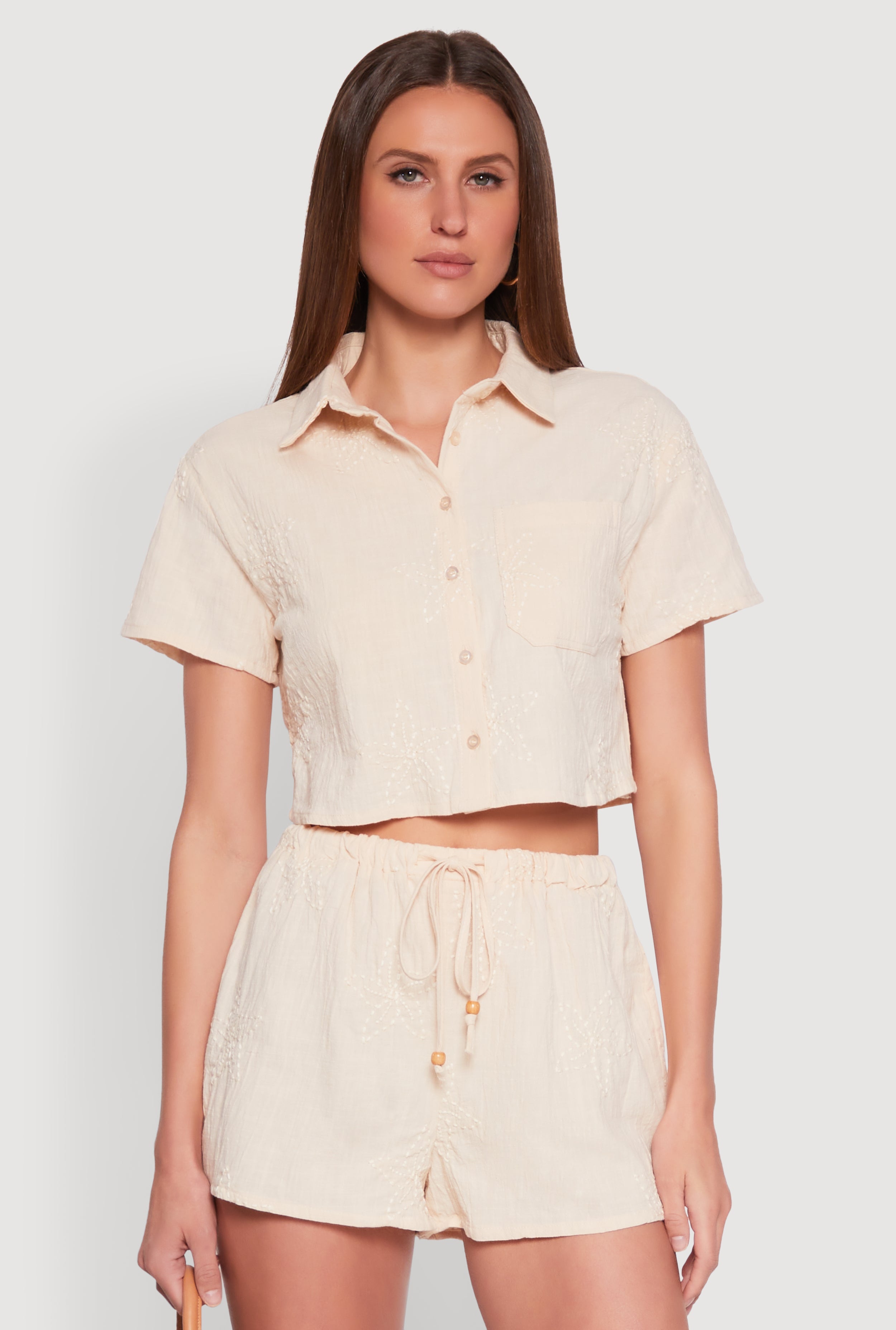 Haute Monde Decorative Stitch Cropped Shirt