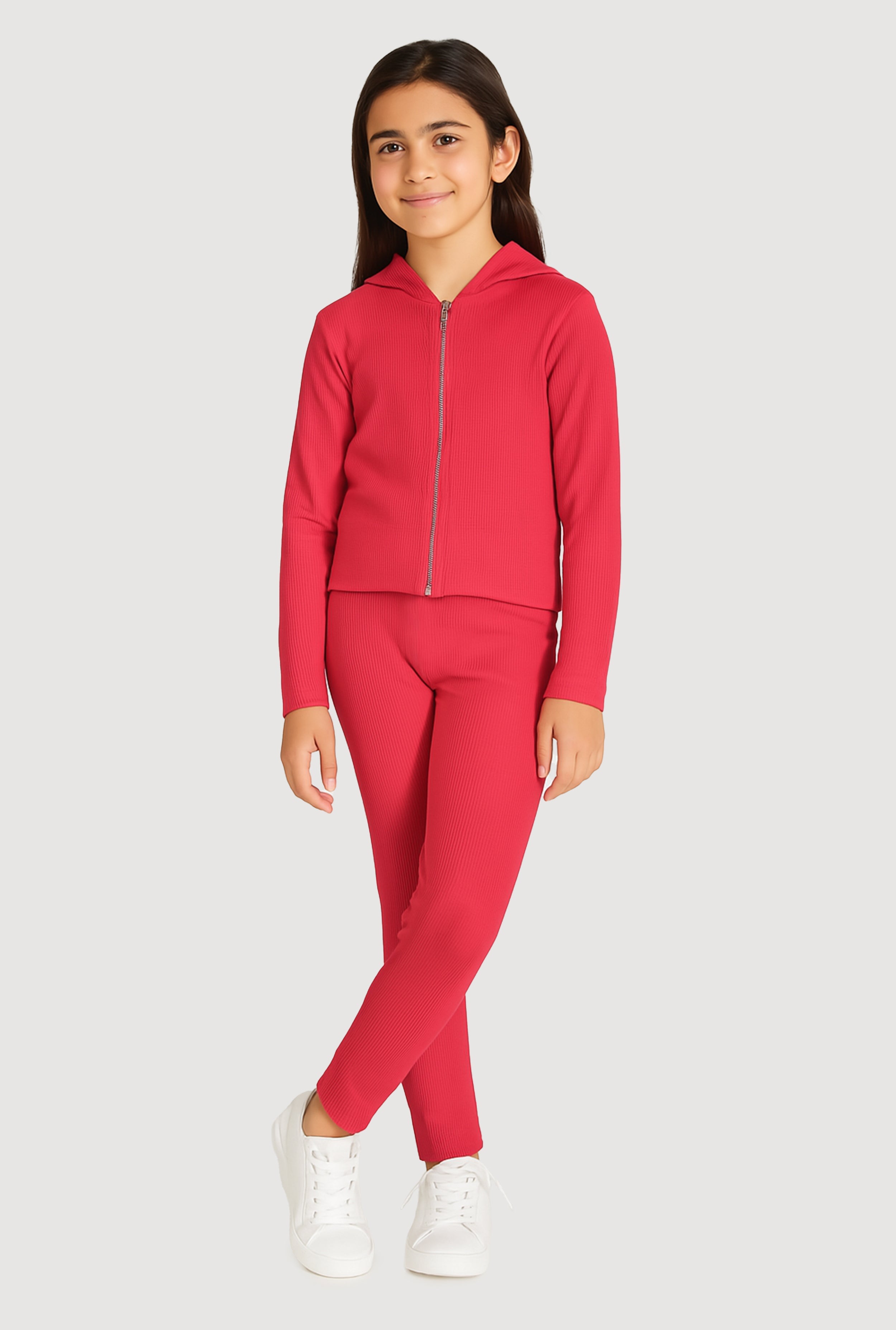 Girls Ribbed Knit Zip Front Hoodie and Leggings