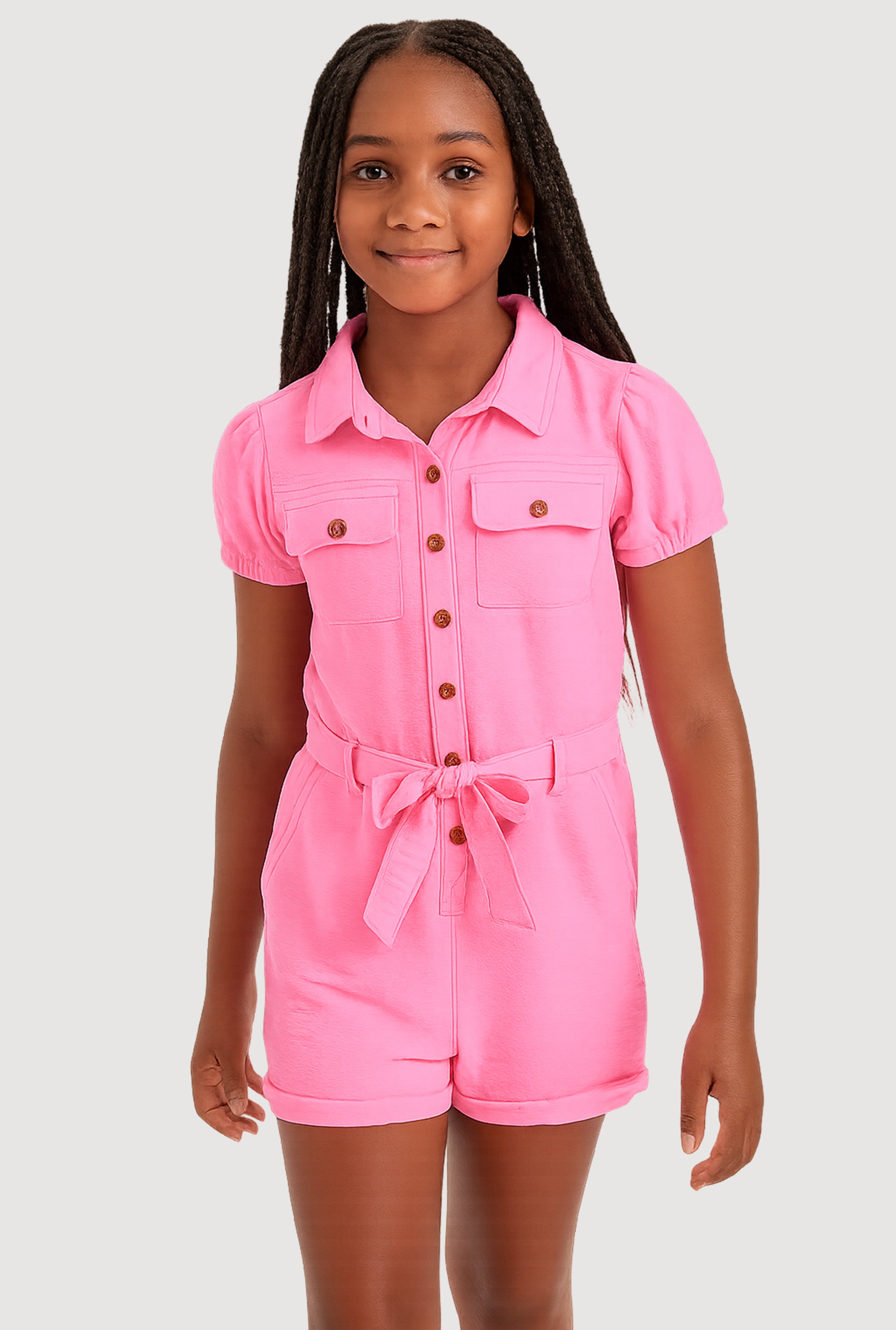 Girls Puff Sleeve Tie Waist Belted Romper