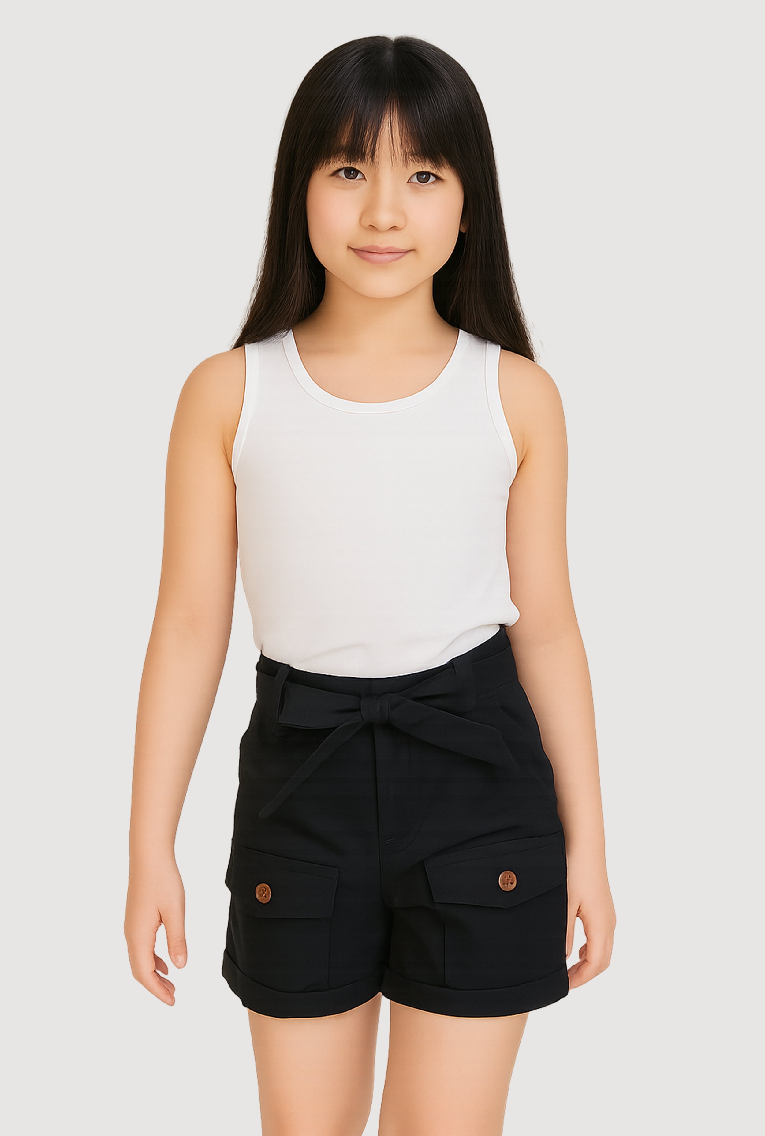 Girls Poplin Tie Waist Belted Cargo Pocket Shorts