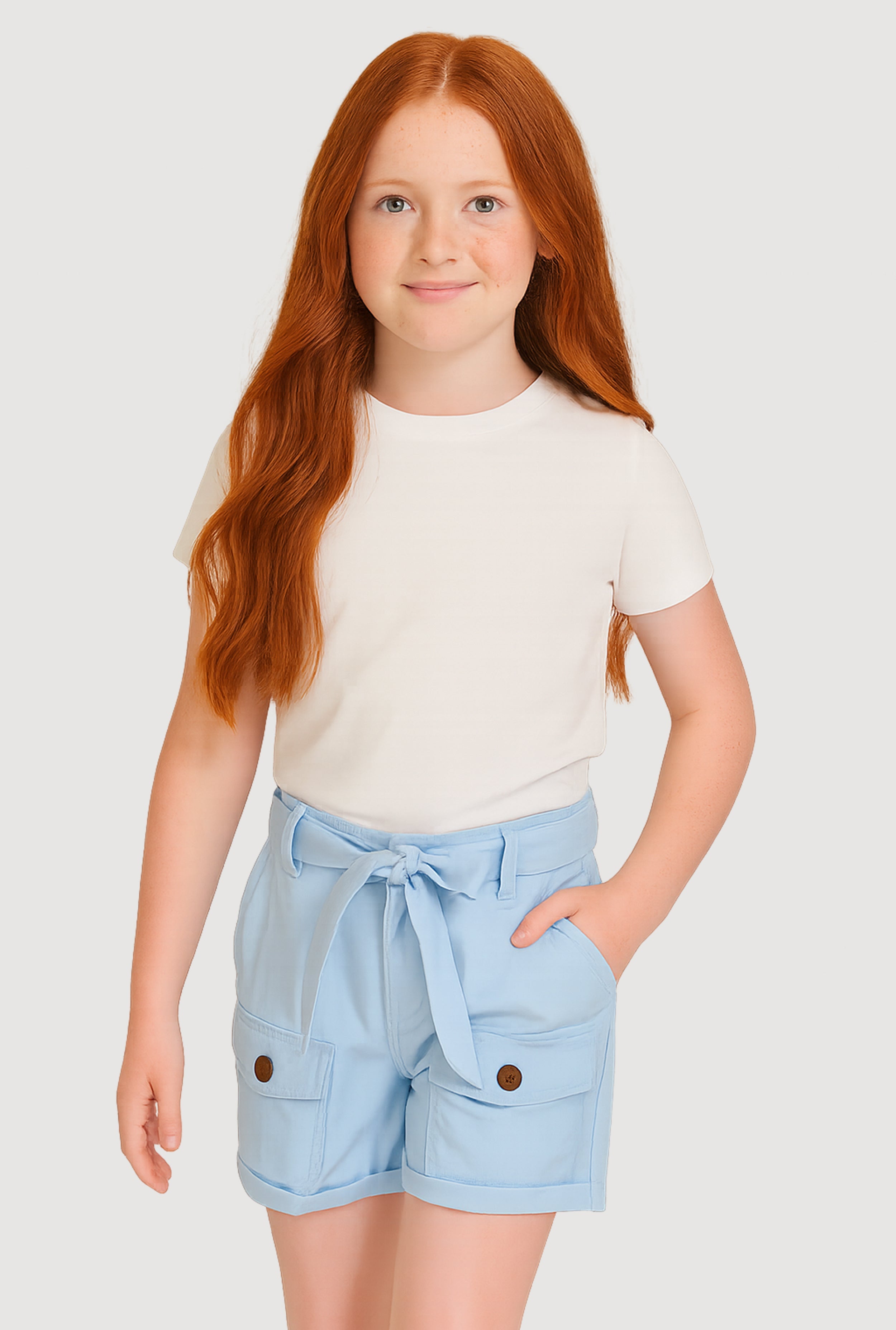 Girls Poplin Tie Waist Belted Cargo Pocket Shorts