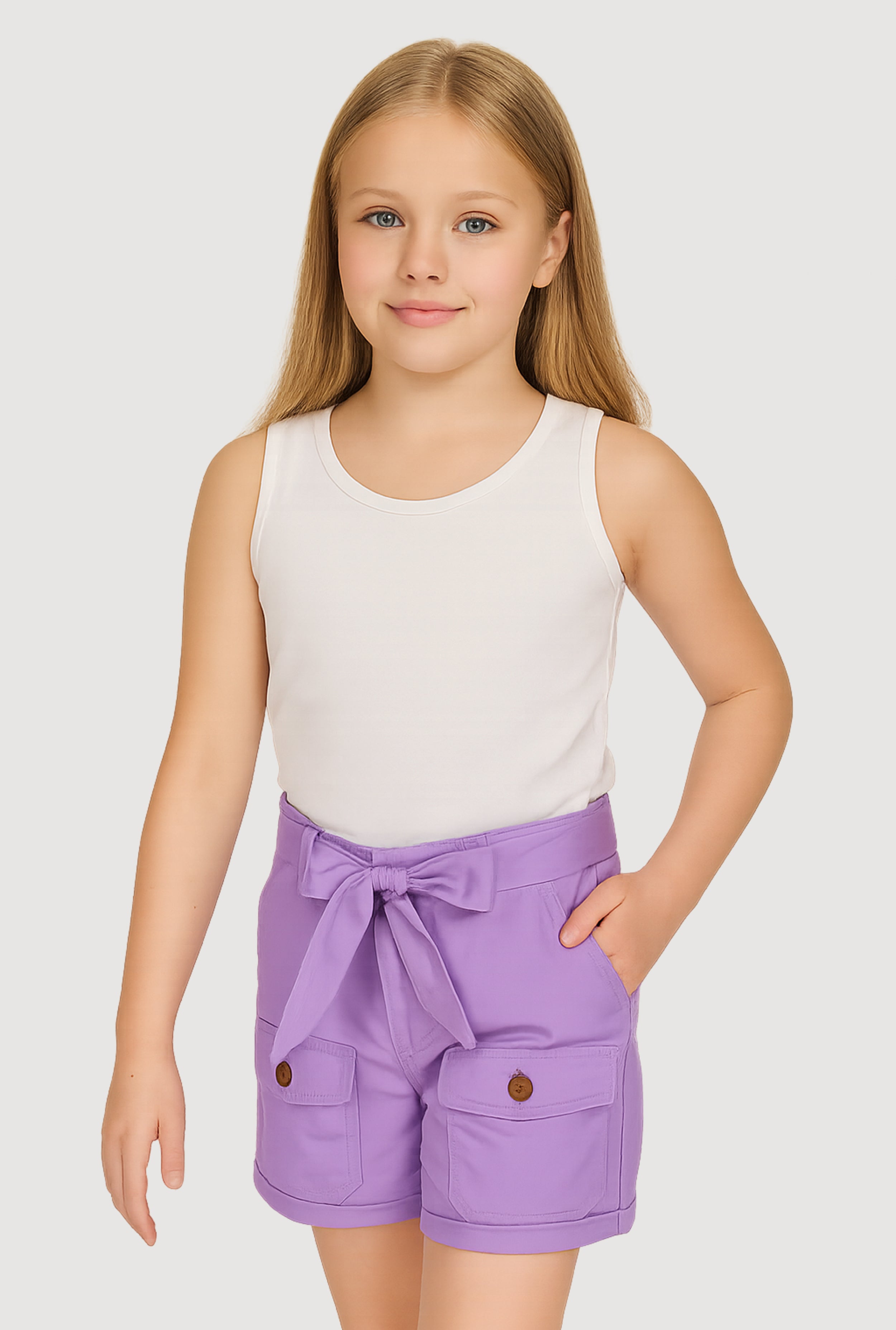 Girls Poplin Tie Waist Belted Cargo Pocket Shorts