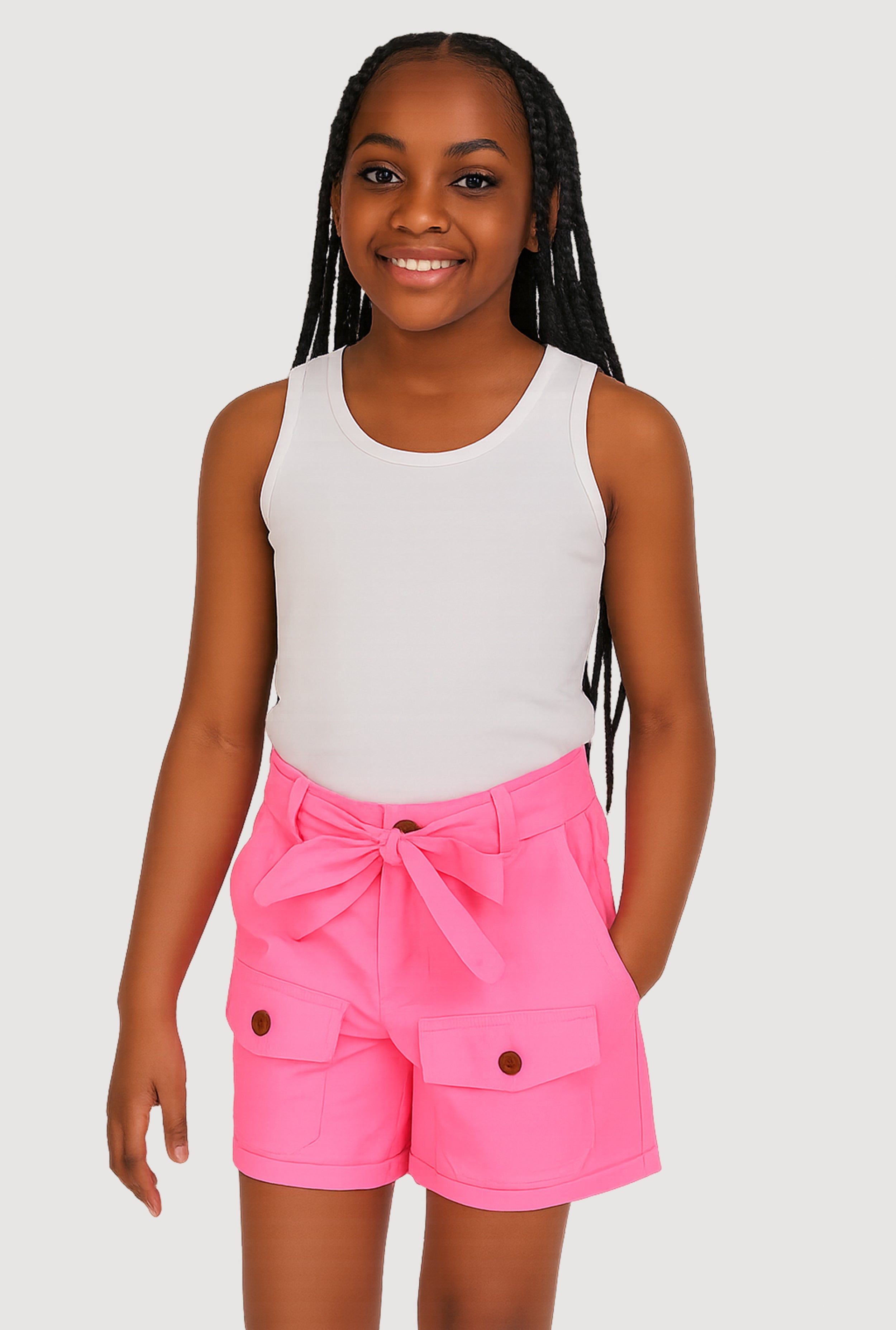 Girls Poplin Tie Waist Belted Cargo Pocket Shorts