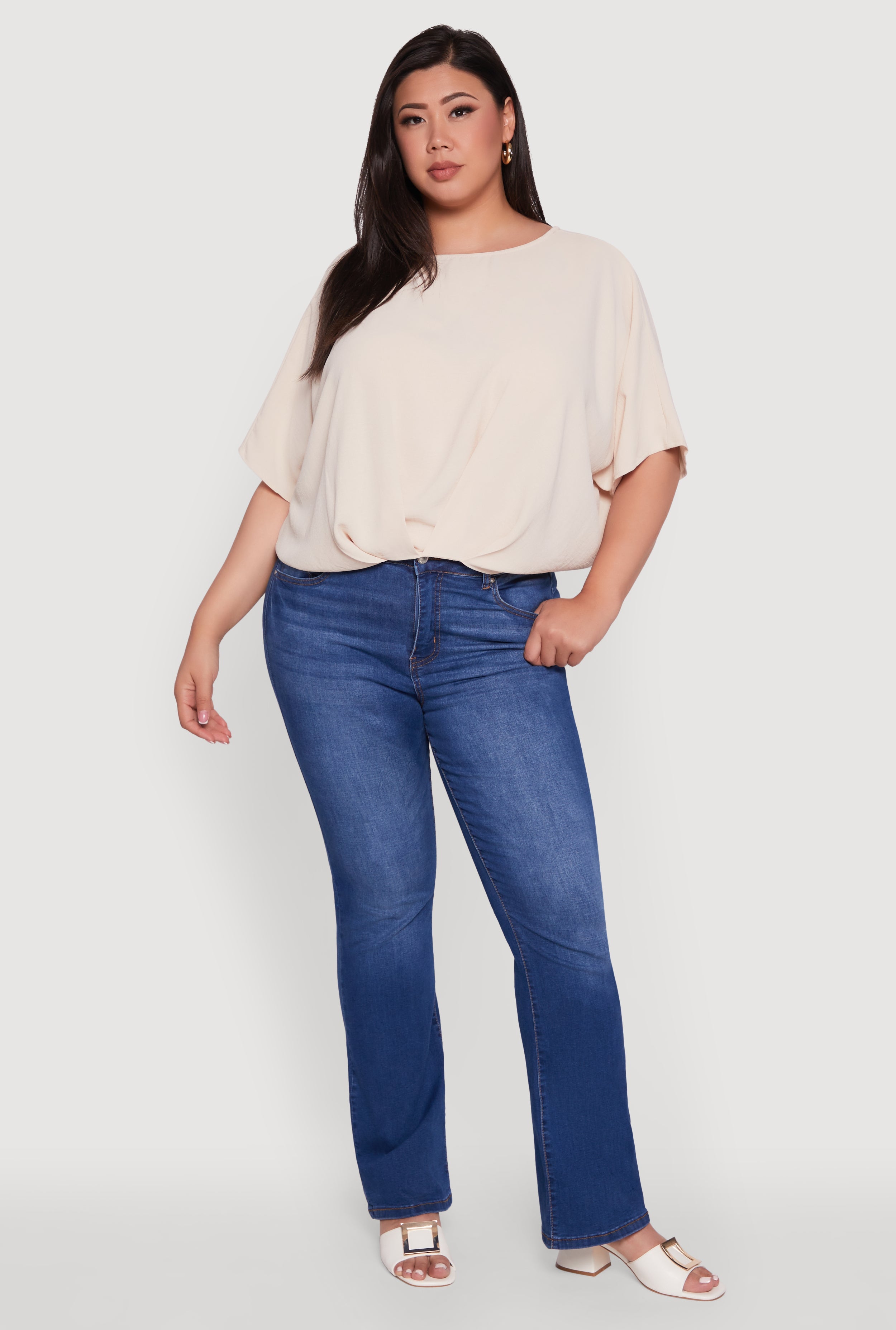 Plus Size Crepe Knit Gathered Hem Dolman Sleeve Blouse