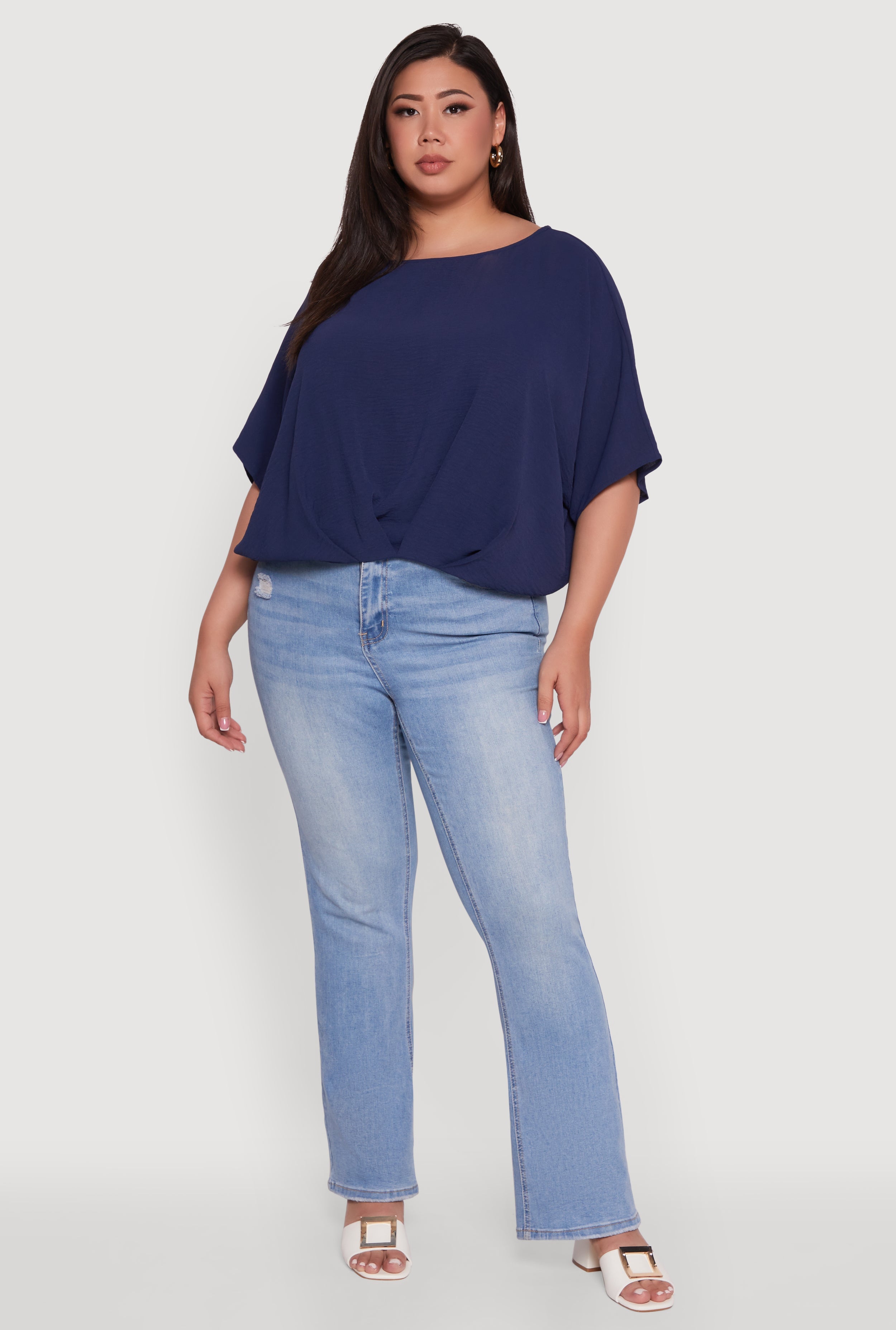 Plus Size Crepe Knit Gathered Hem Dolman Sleeve Blouse