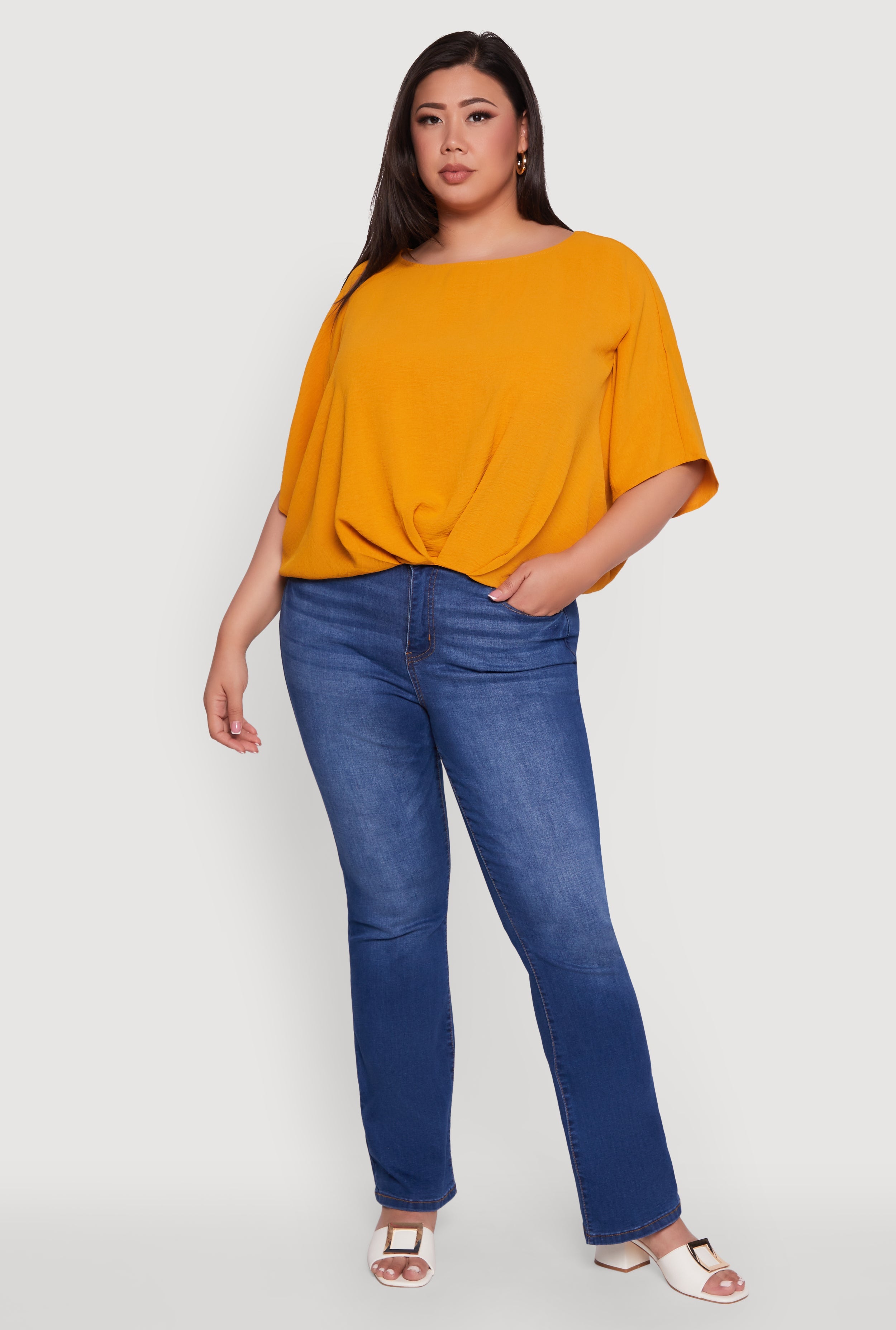Plus Size Crepe Knit Gathered Hem Dolman Sleeve Blouse