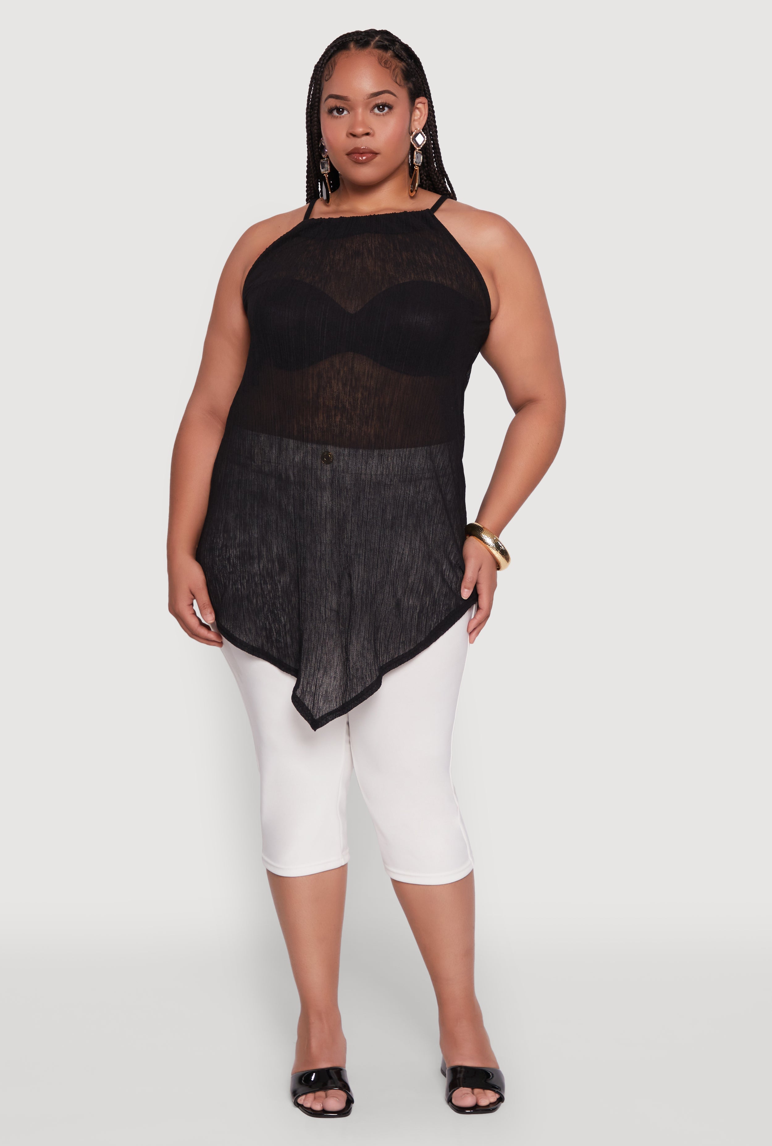 Plus Size Chic Textured Knit Tank Top with Hanky Hem and Halter Neck