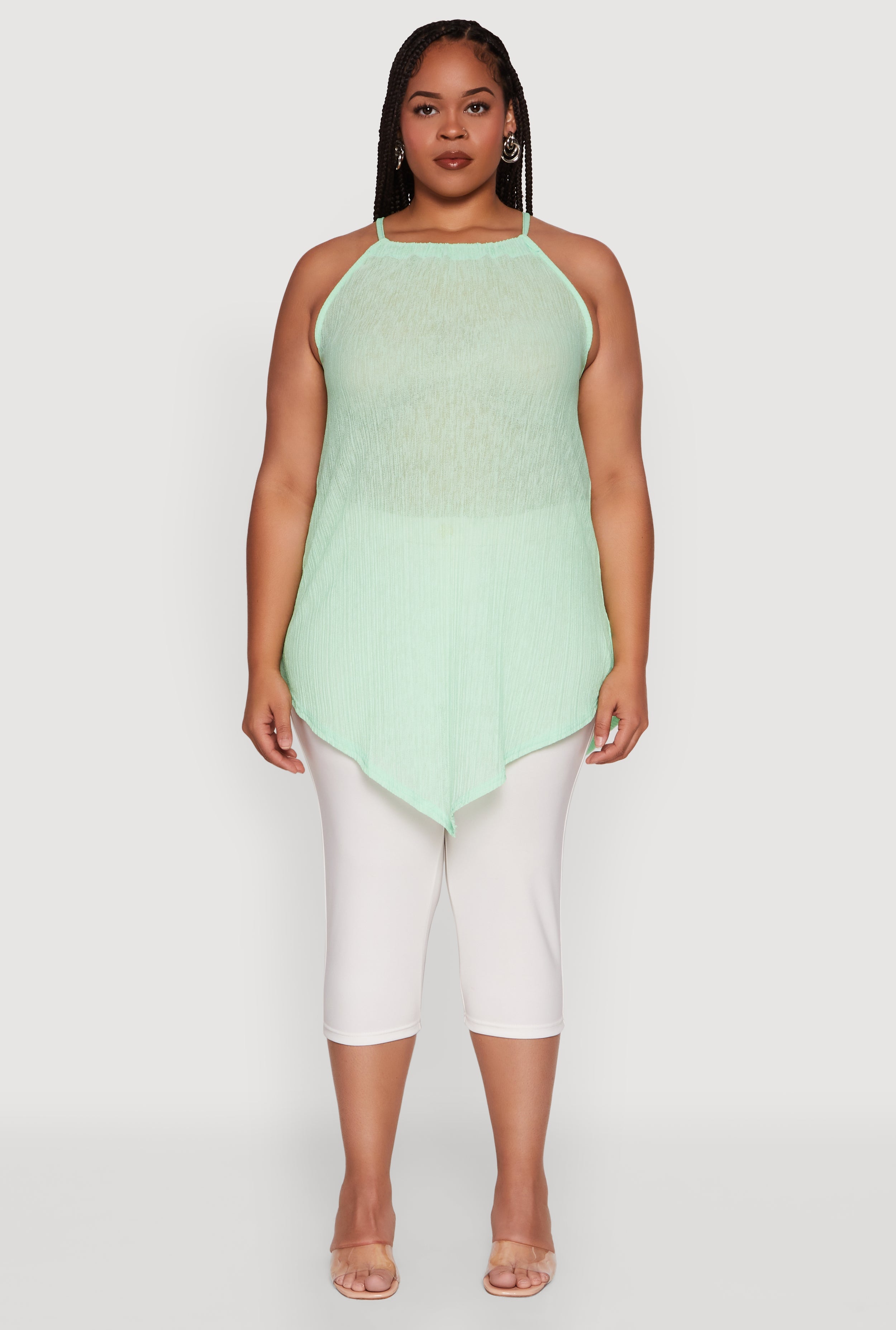 Plus Size Chic Textured Knit Tank Top with Hanky Hem and Halter Neck