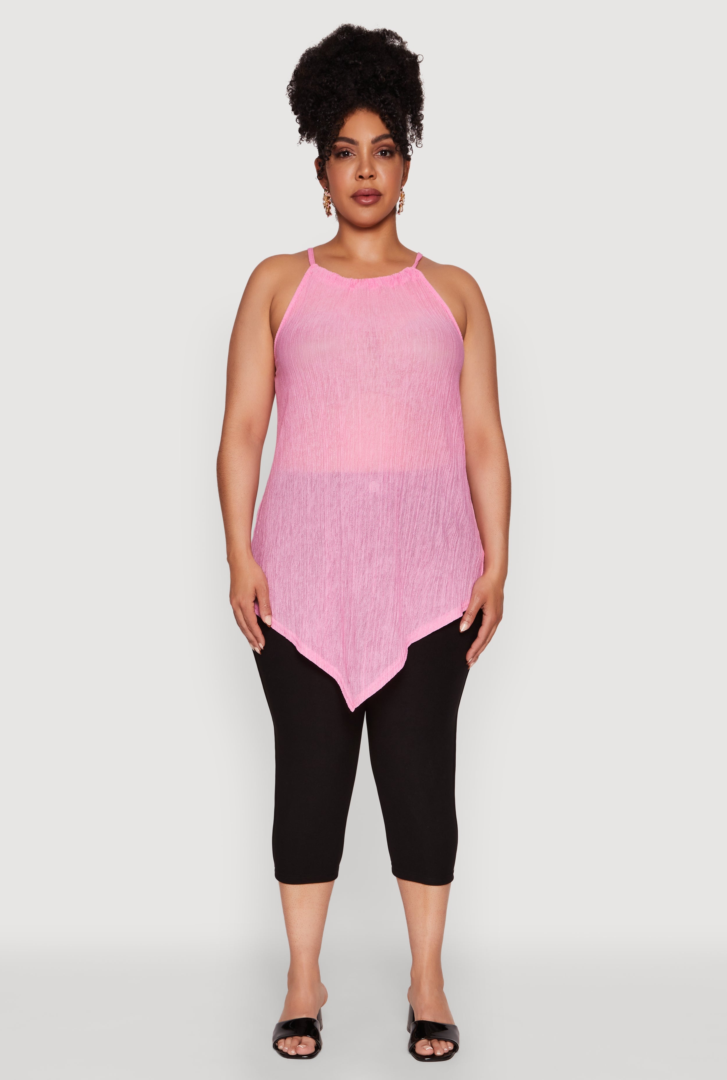 Plus Size Chic Textured Knit Tank Top with Hanky Hem and Halter Neck