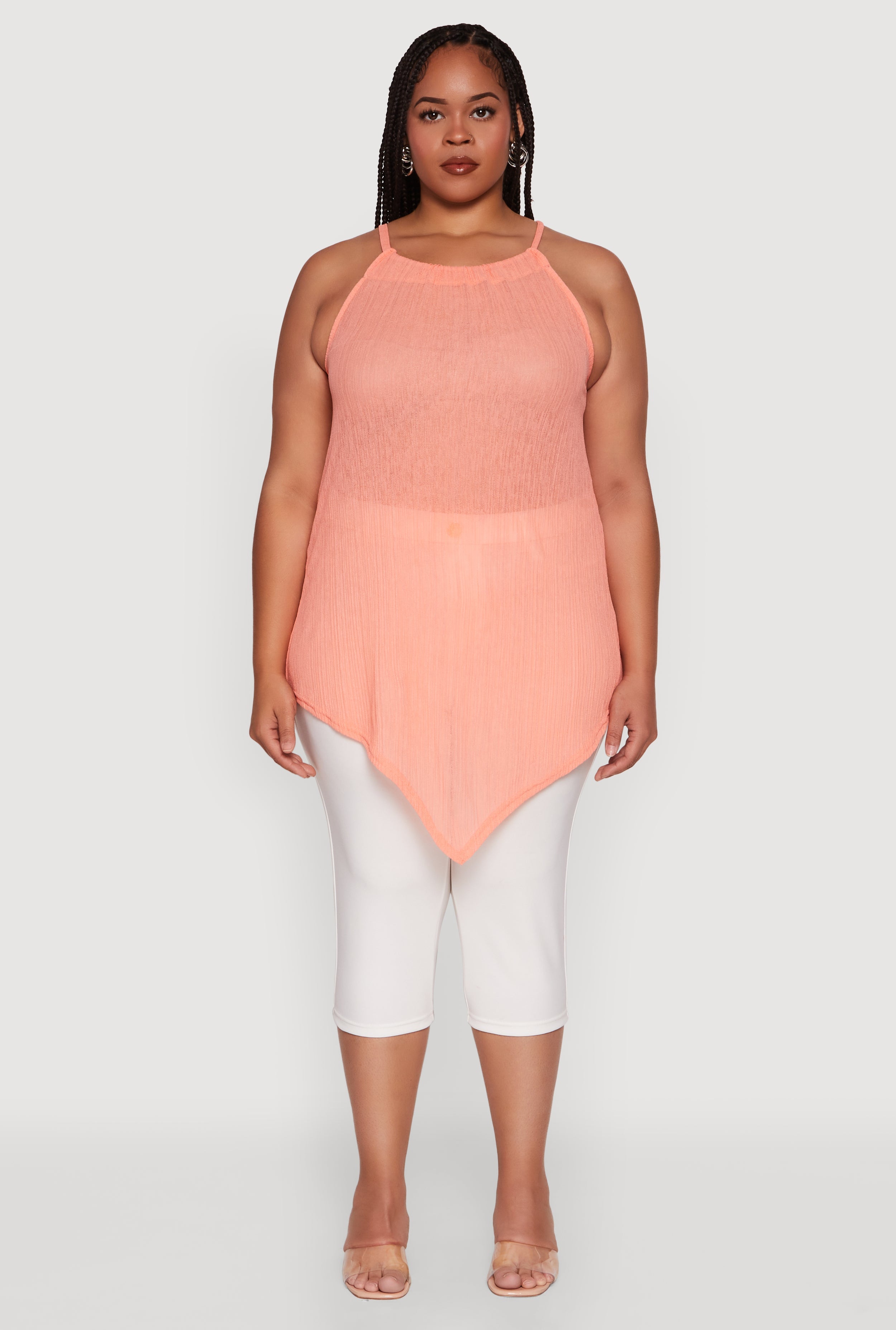 Plus Size Chic Textured Knit Tank Top with Hanky Hem and Halter Neck