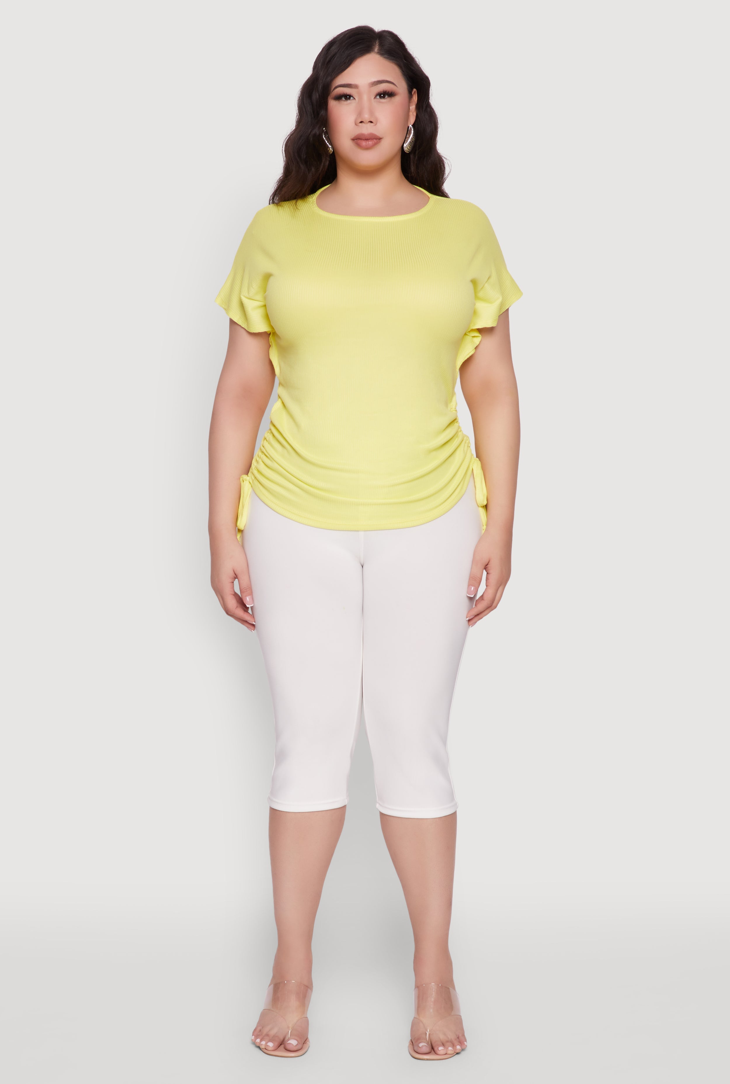Plus Size Drawstring Side Flutter Sleeve Top