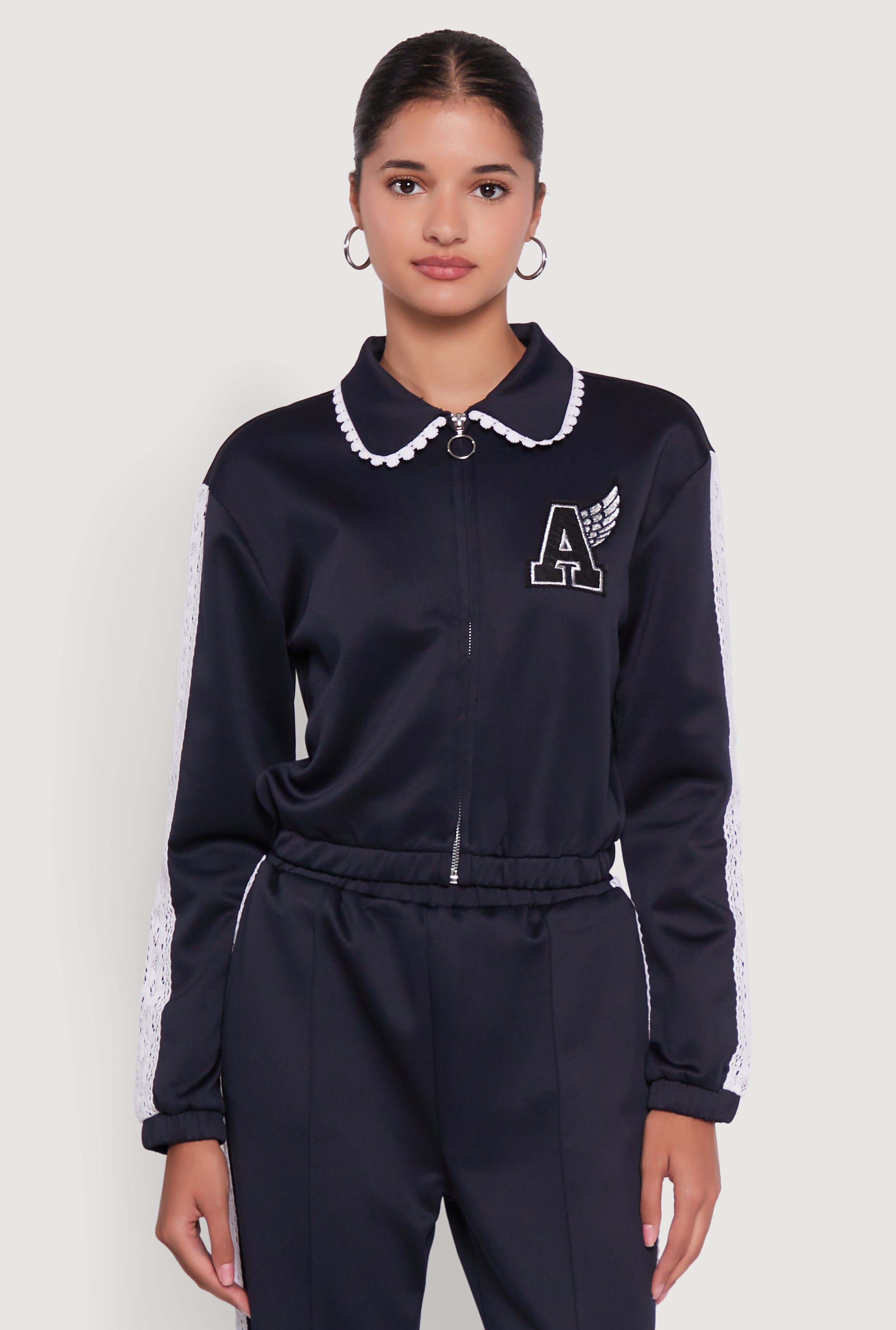 Collared Crochet Trim Graphic Track Jacket