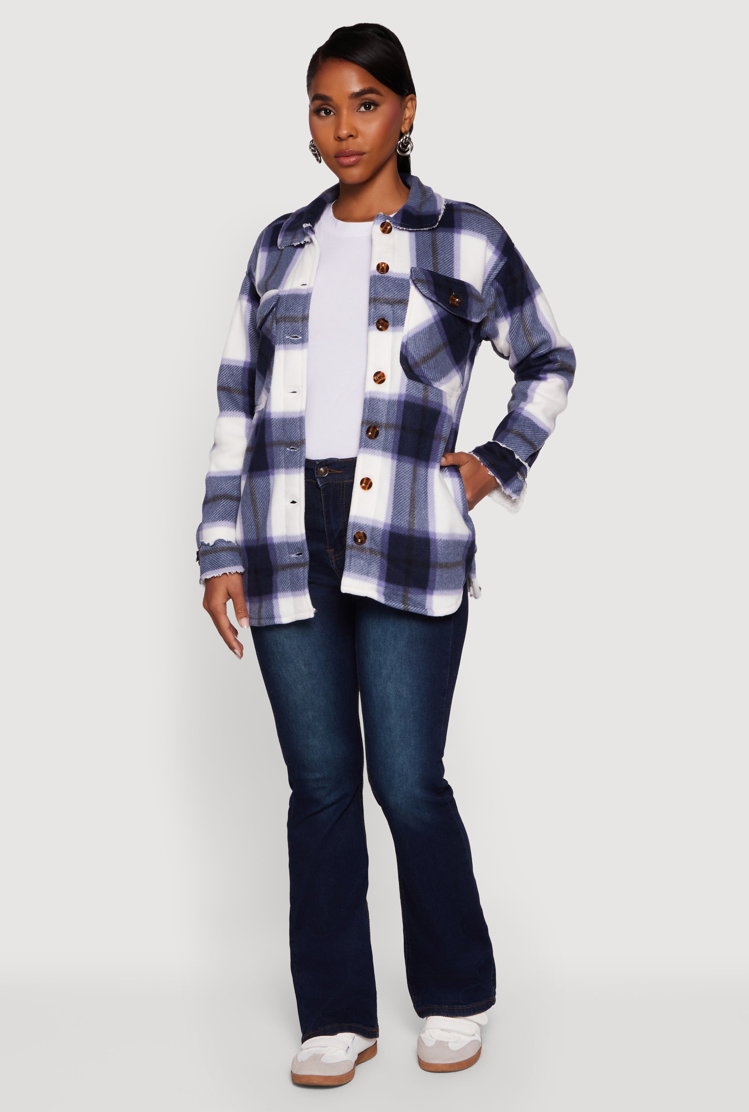 Plaid Sherpa Lined Fleece Long Sleeve Button Front Jacket