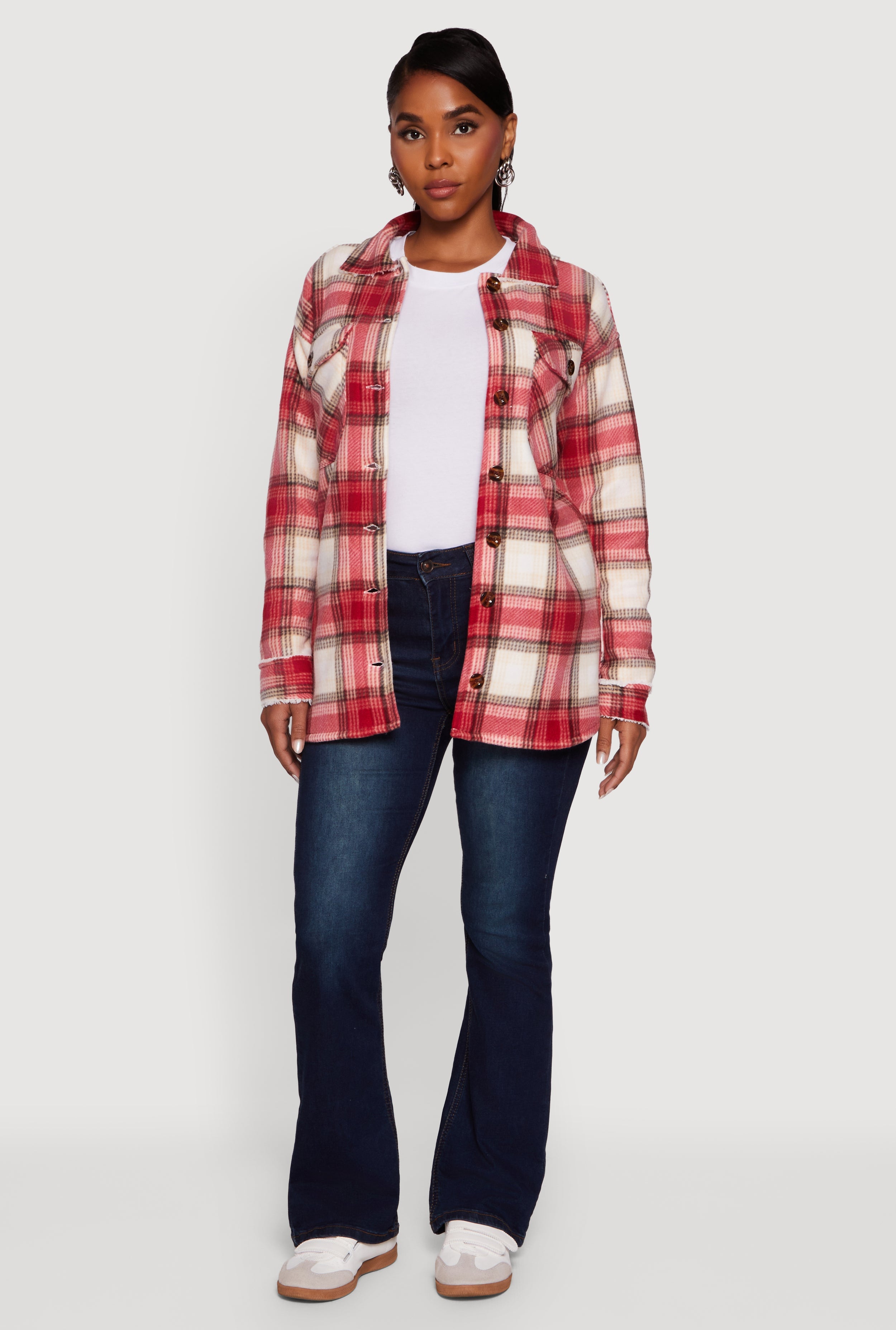 Plaid Sherpa Lined Fleece Long Sleeve Button Front Jacket