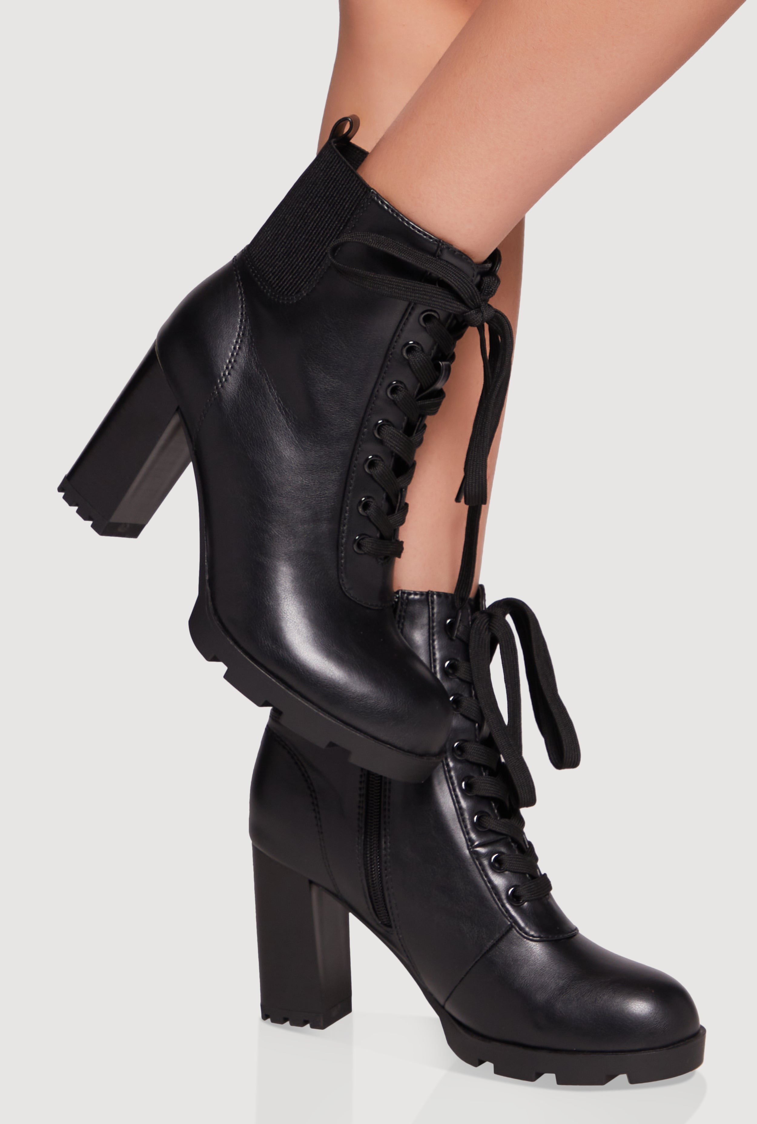 Side Zip Lace Up Block Heel Combat Boots