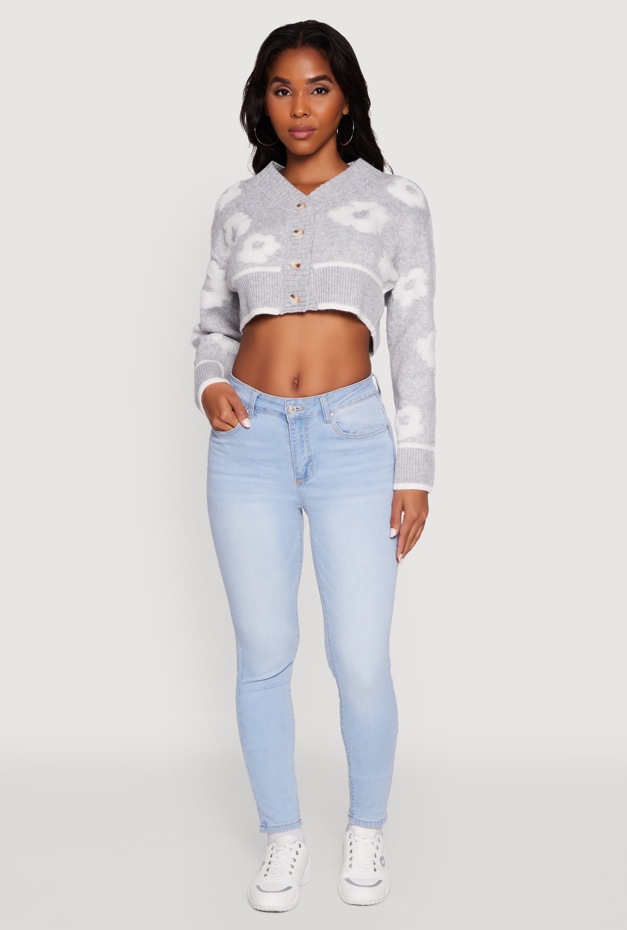 Chenille Floral Brushed Knit Cropped Cardigan