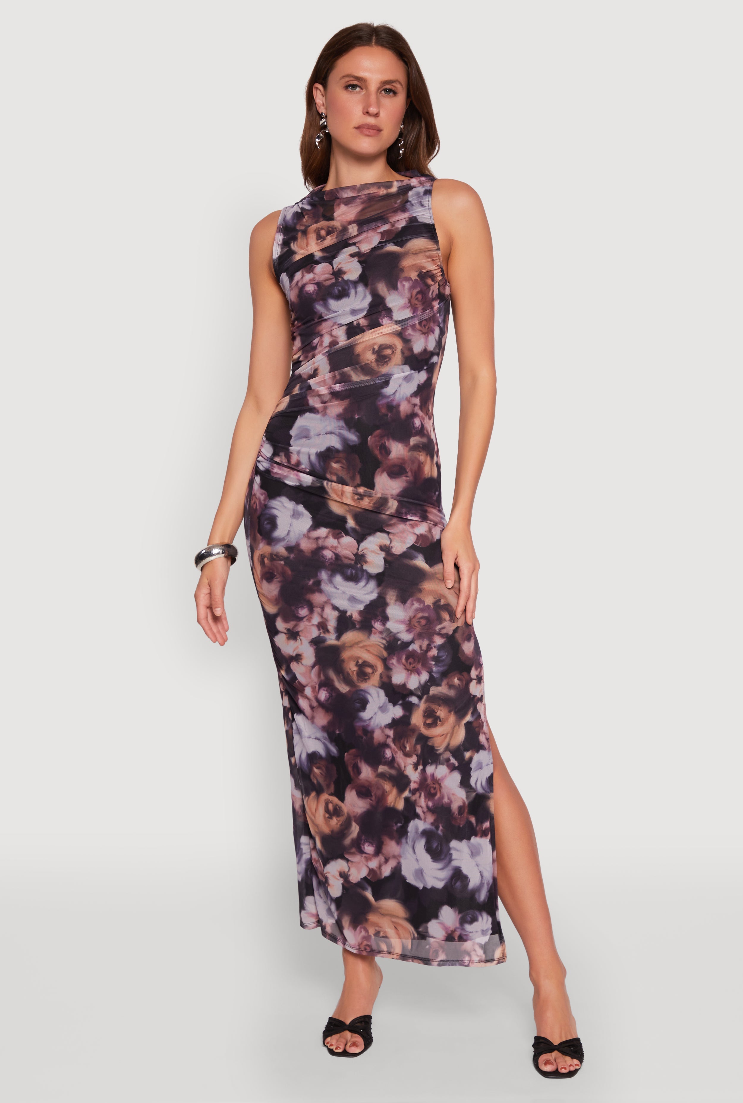 Haute Monde Side Ruched Floral Mesh Dress