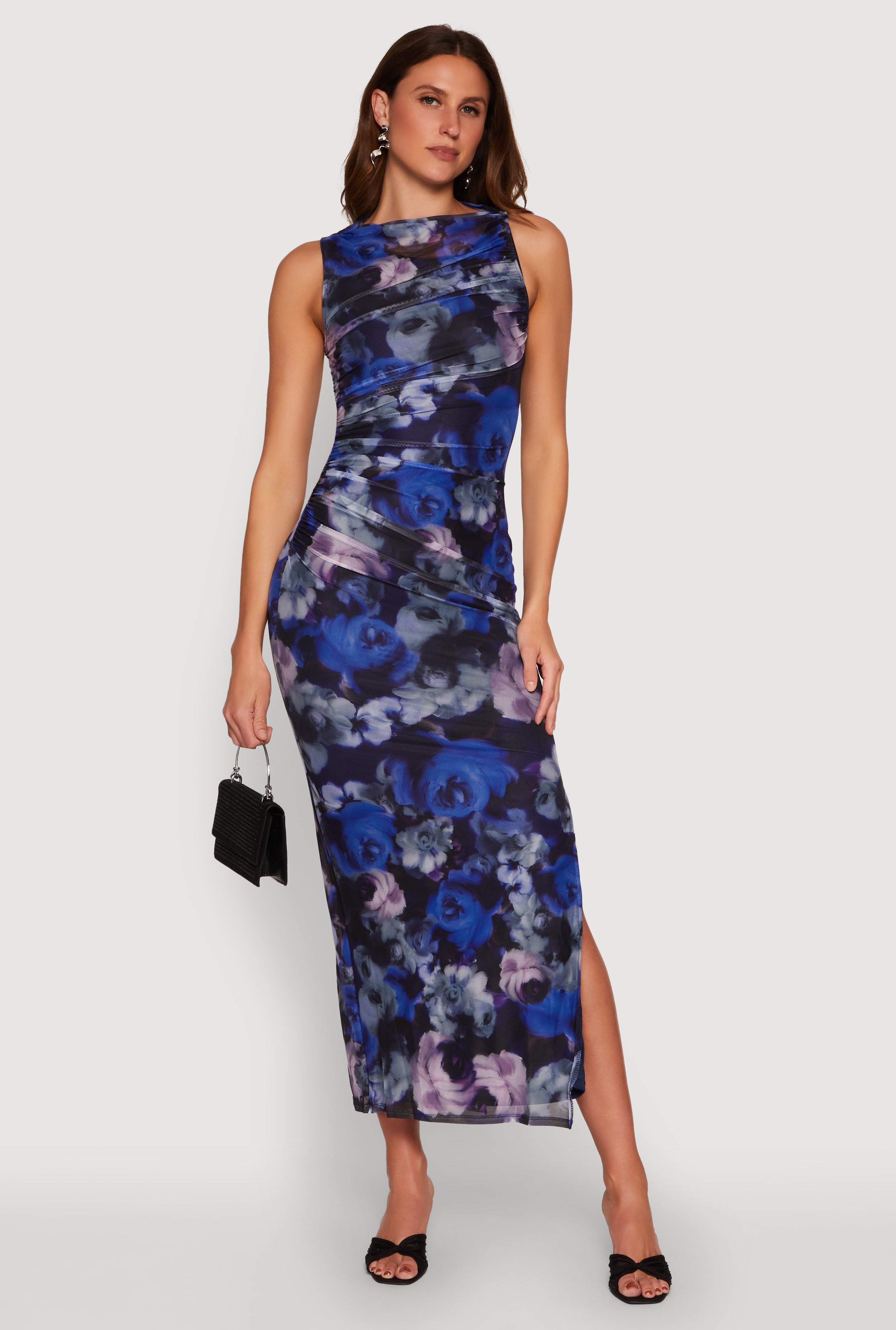 Haute Monde Side Ruched Floral Mesh Dress
