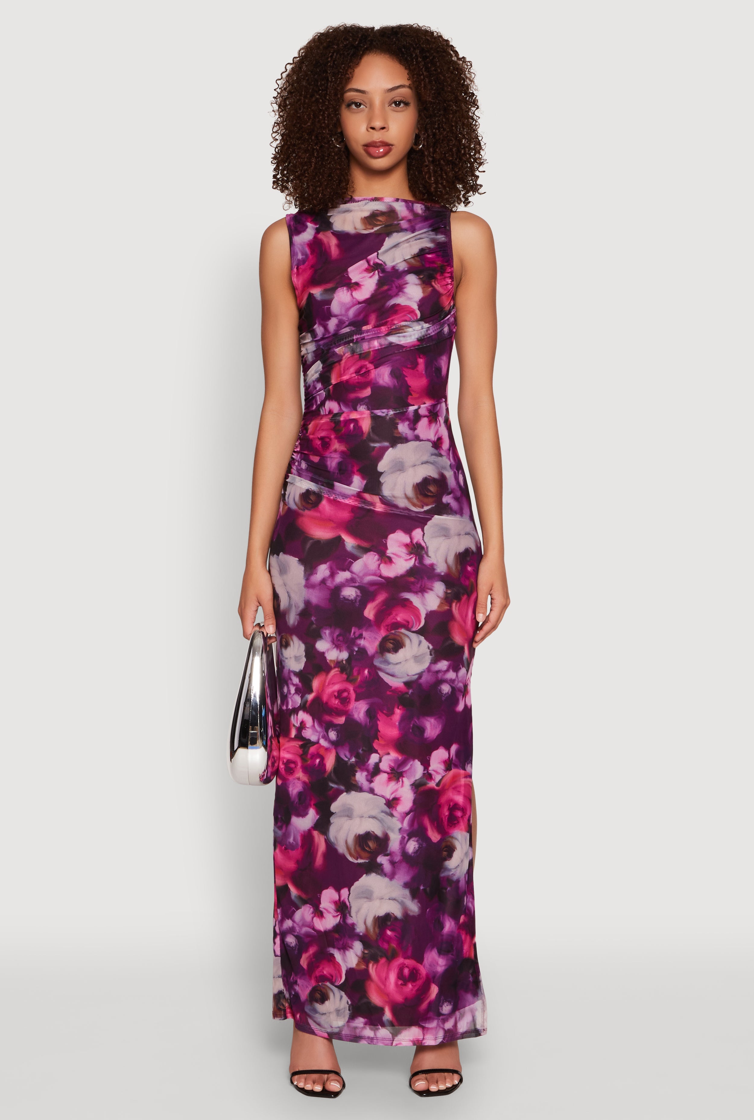 Haute Monde Side Ruched Floral Mesh Dress