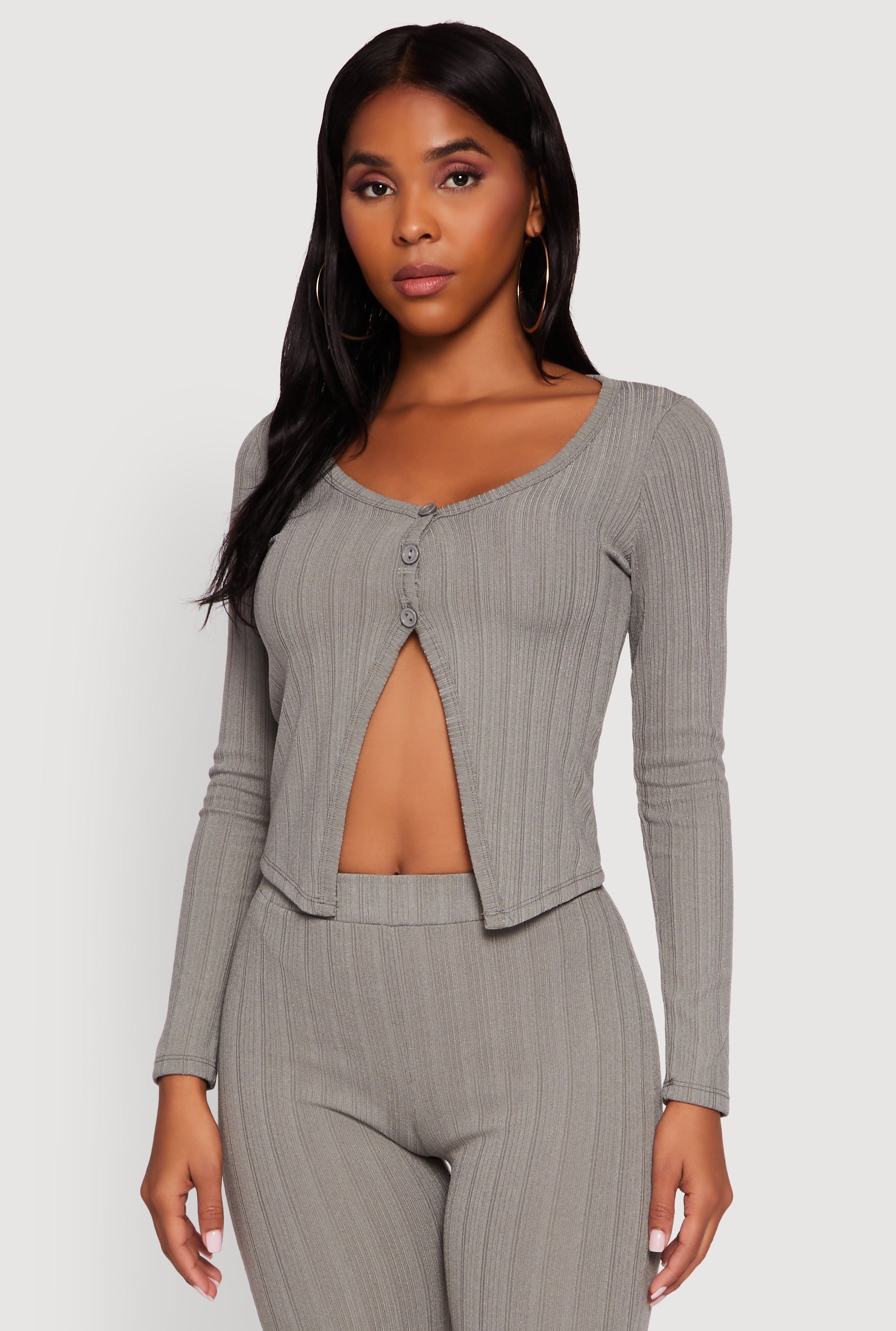 Ribbed Knit V Neck Slit Front Blouse