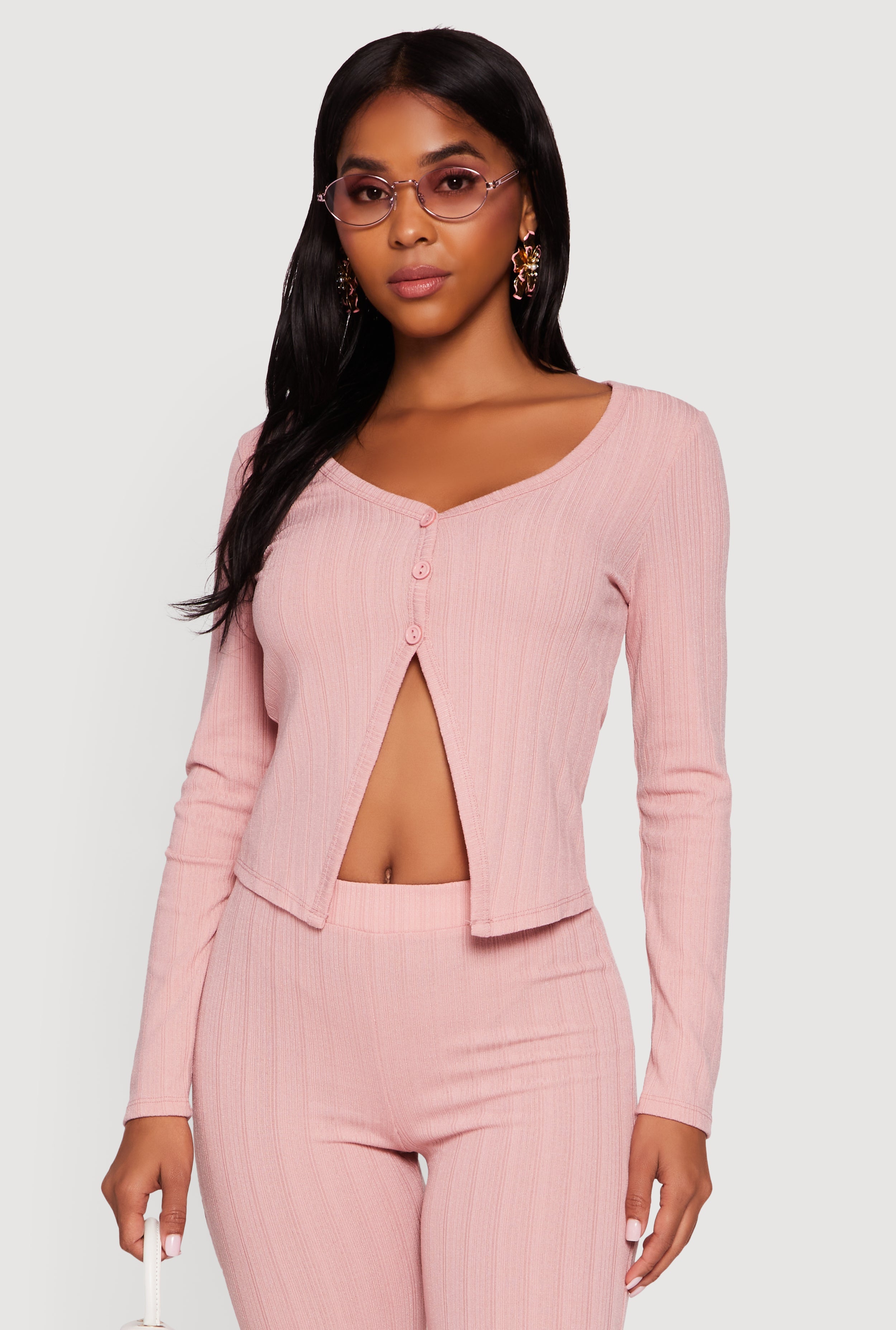 Ribbed Knit V Neck Slit Front Blouse