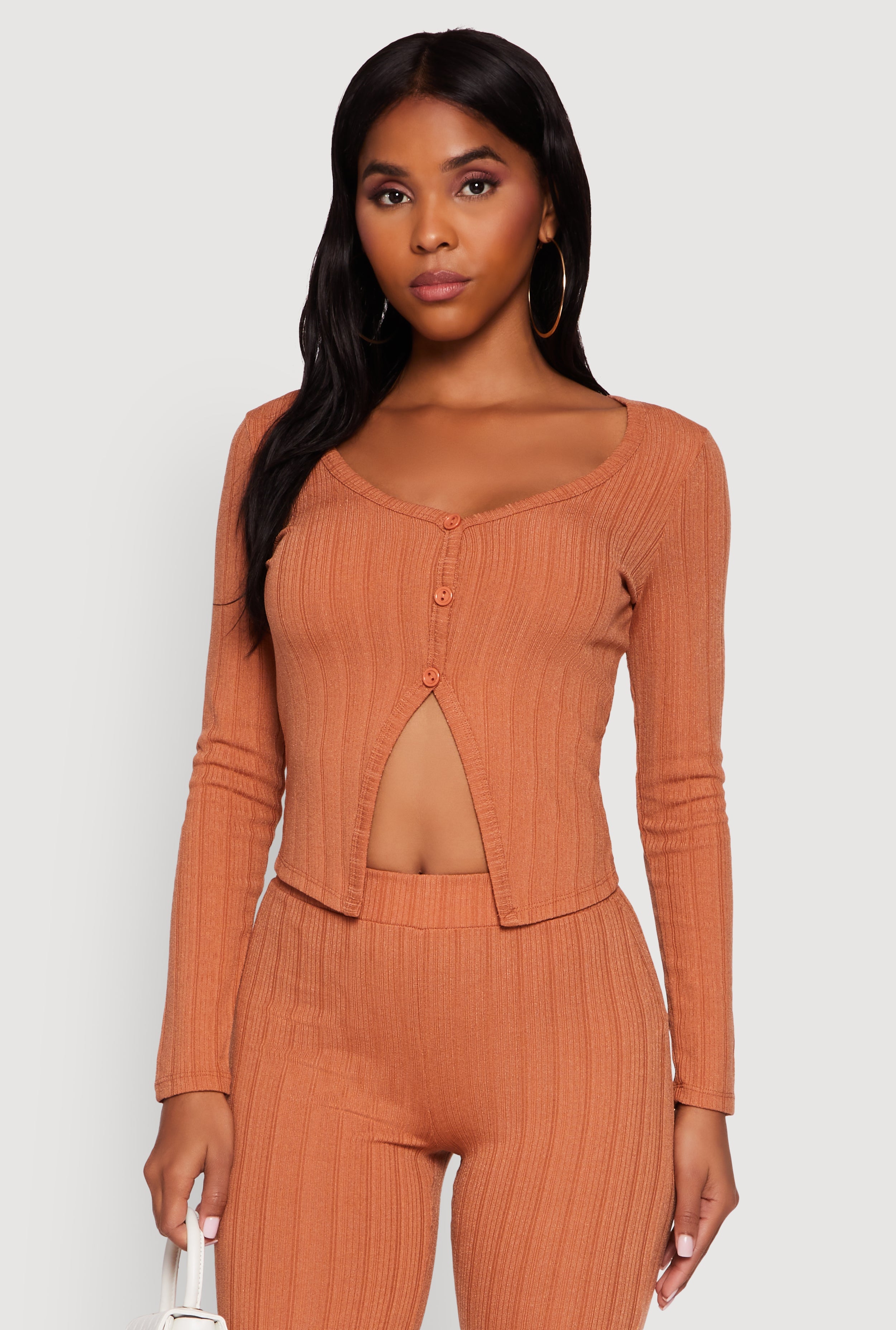 Ribbed Knit V Neck Slit Front Blouse