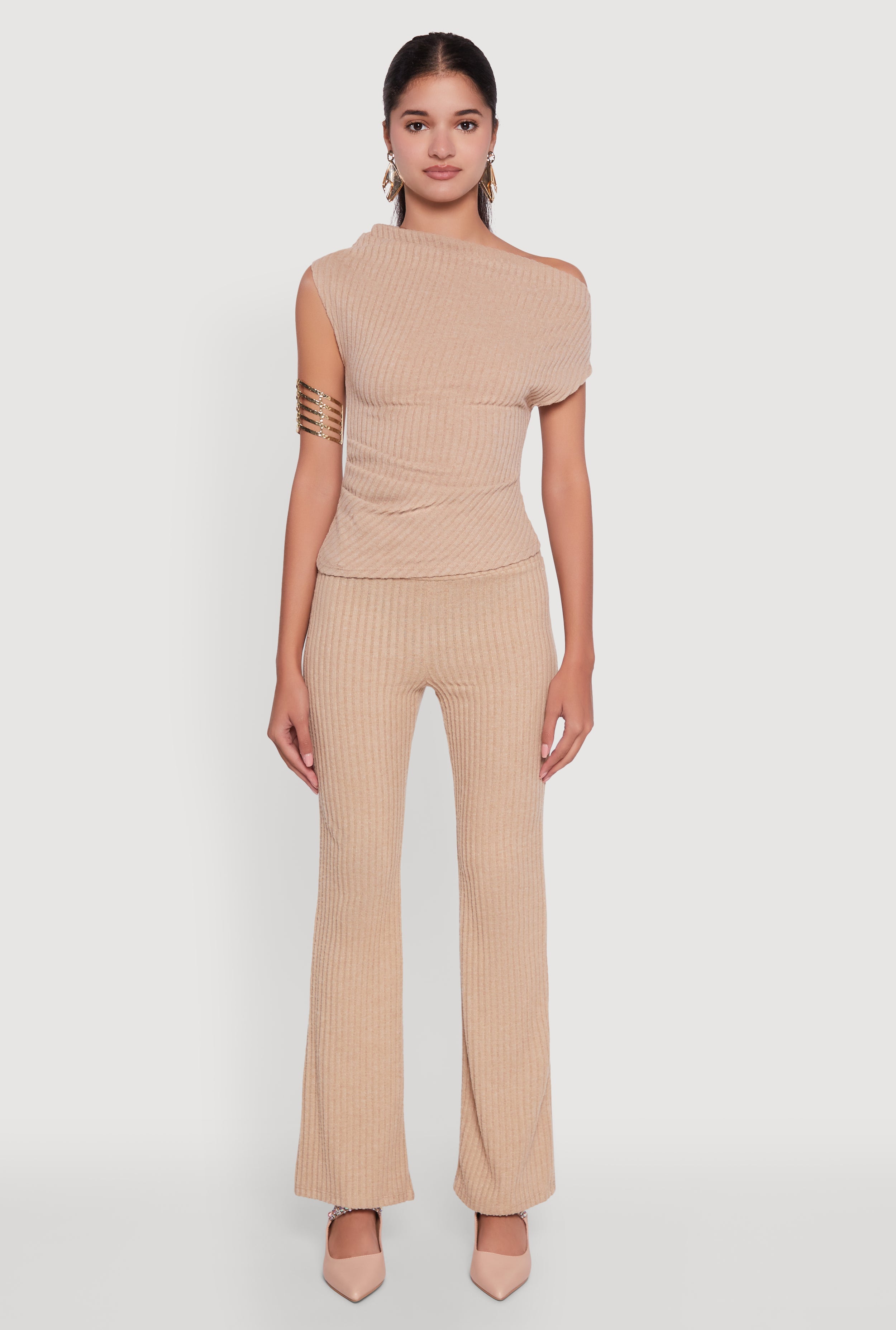 Ribbed Knit Solid Straight Leg Casual Pants
