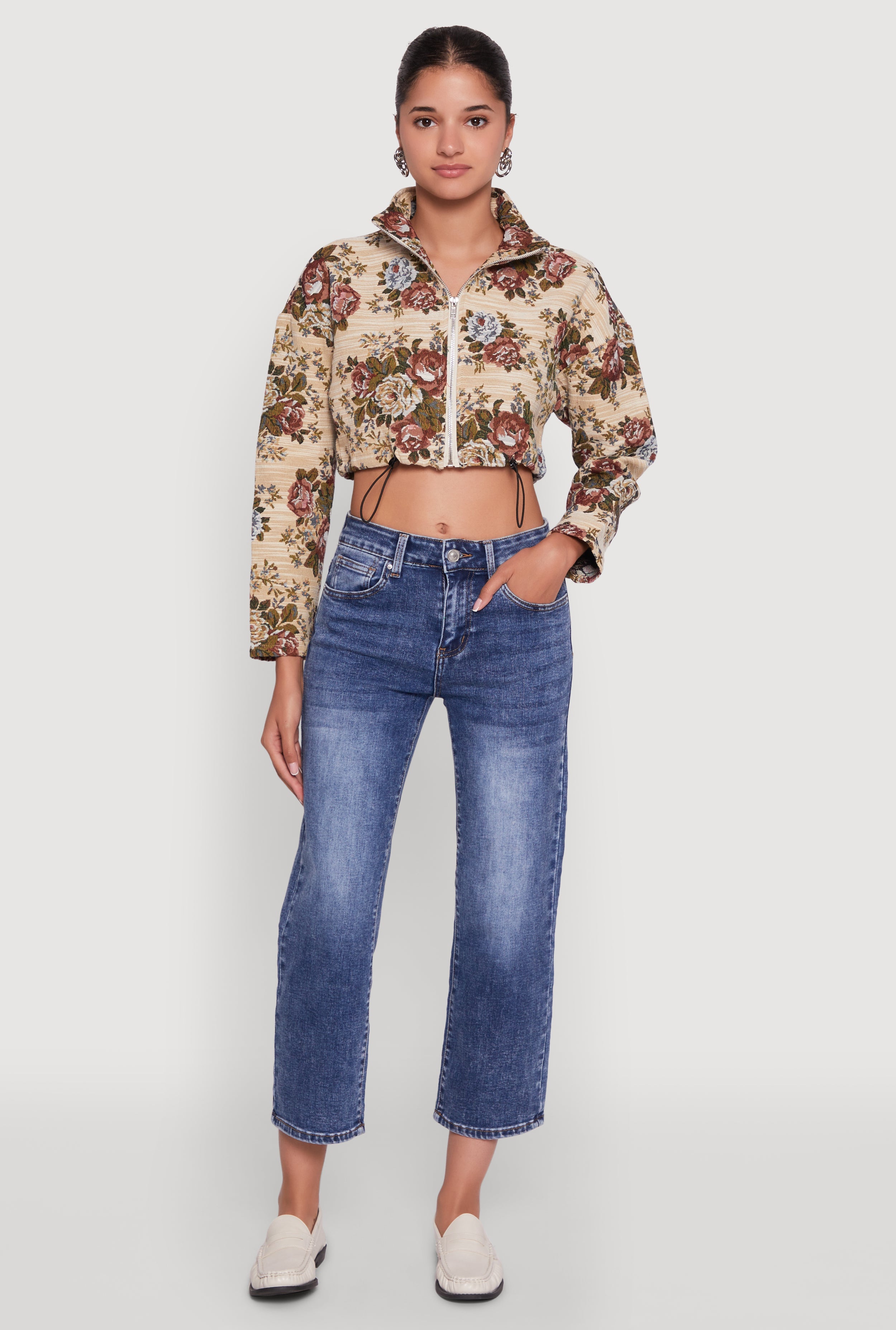Daisy Patterned Jacquard Cropped Jacket