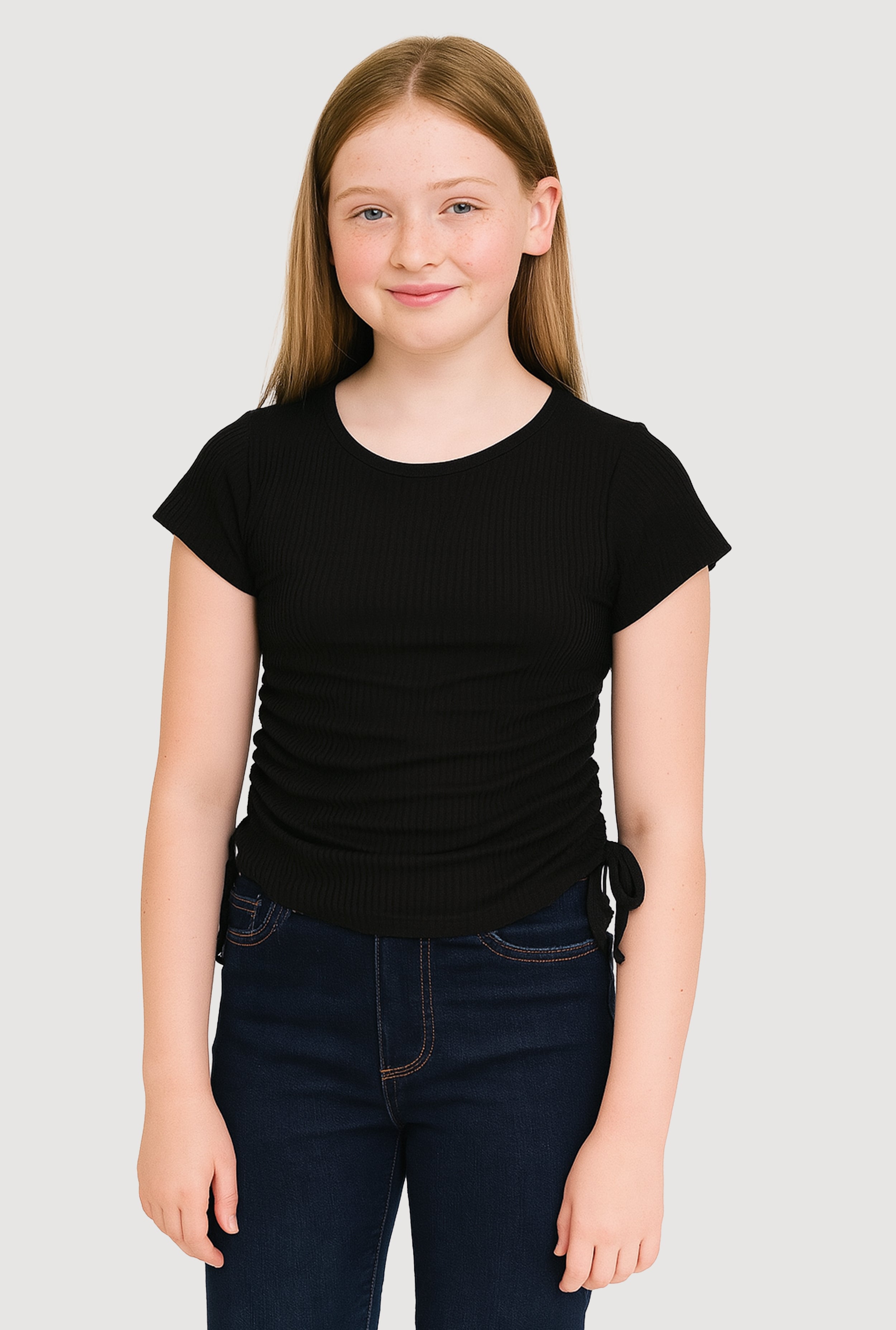 Girls Trendy Side Ruched Ribbed Knit Crew Neck Tee