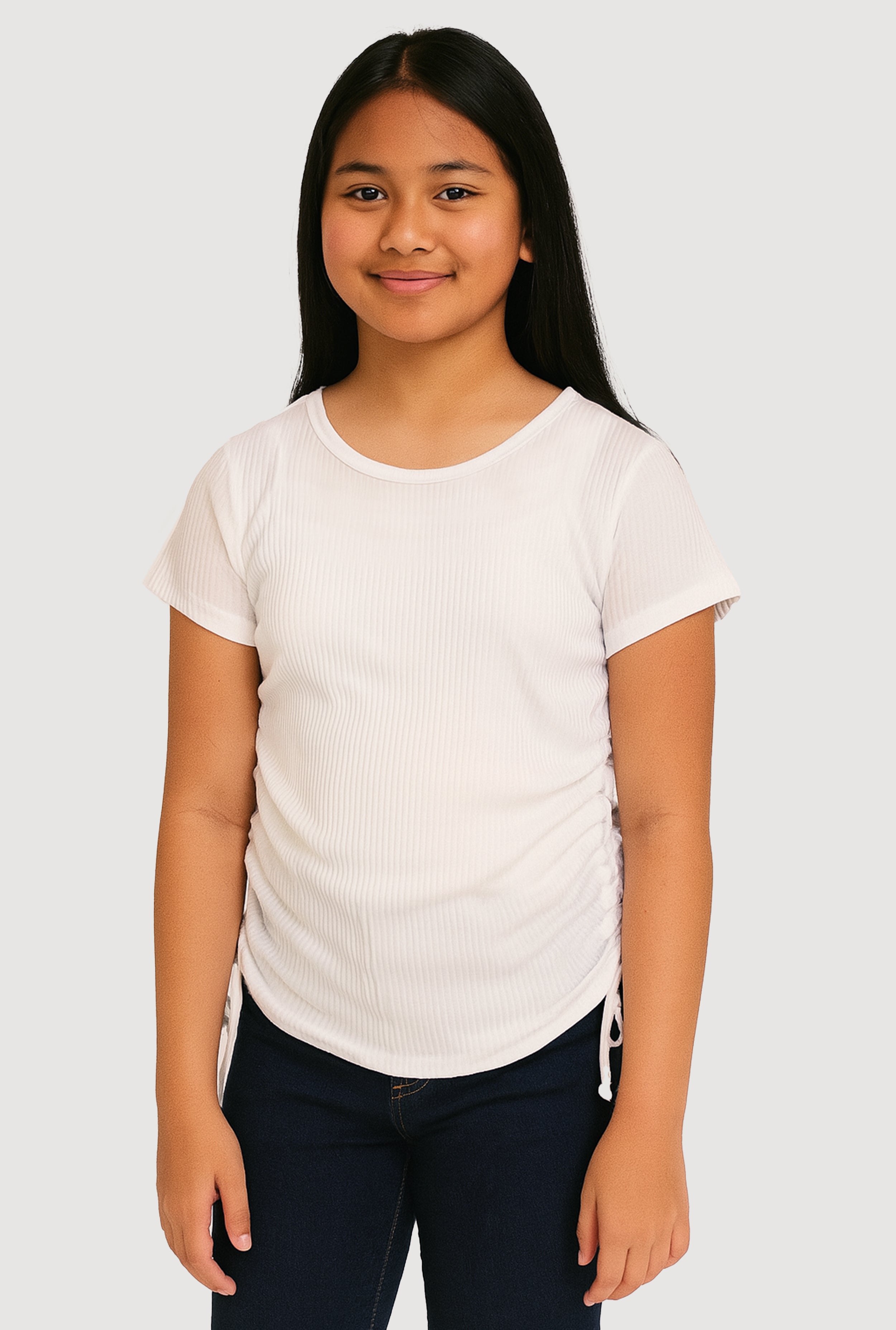 Girls Trendy Side Ruched Ribbed Knit Crew Neck Tee
