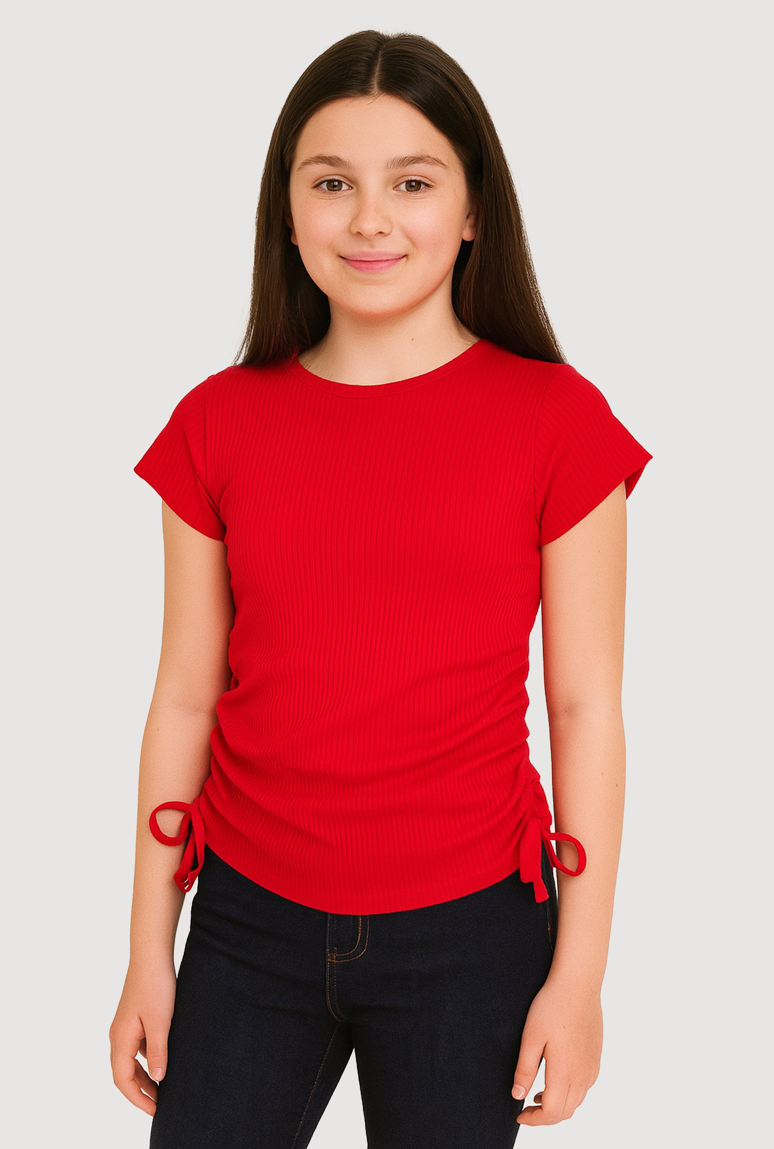 Girls Trendy Side Ruched Ribbed Knit Crew Neck Tee