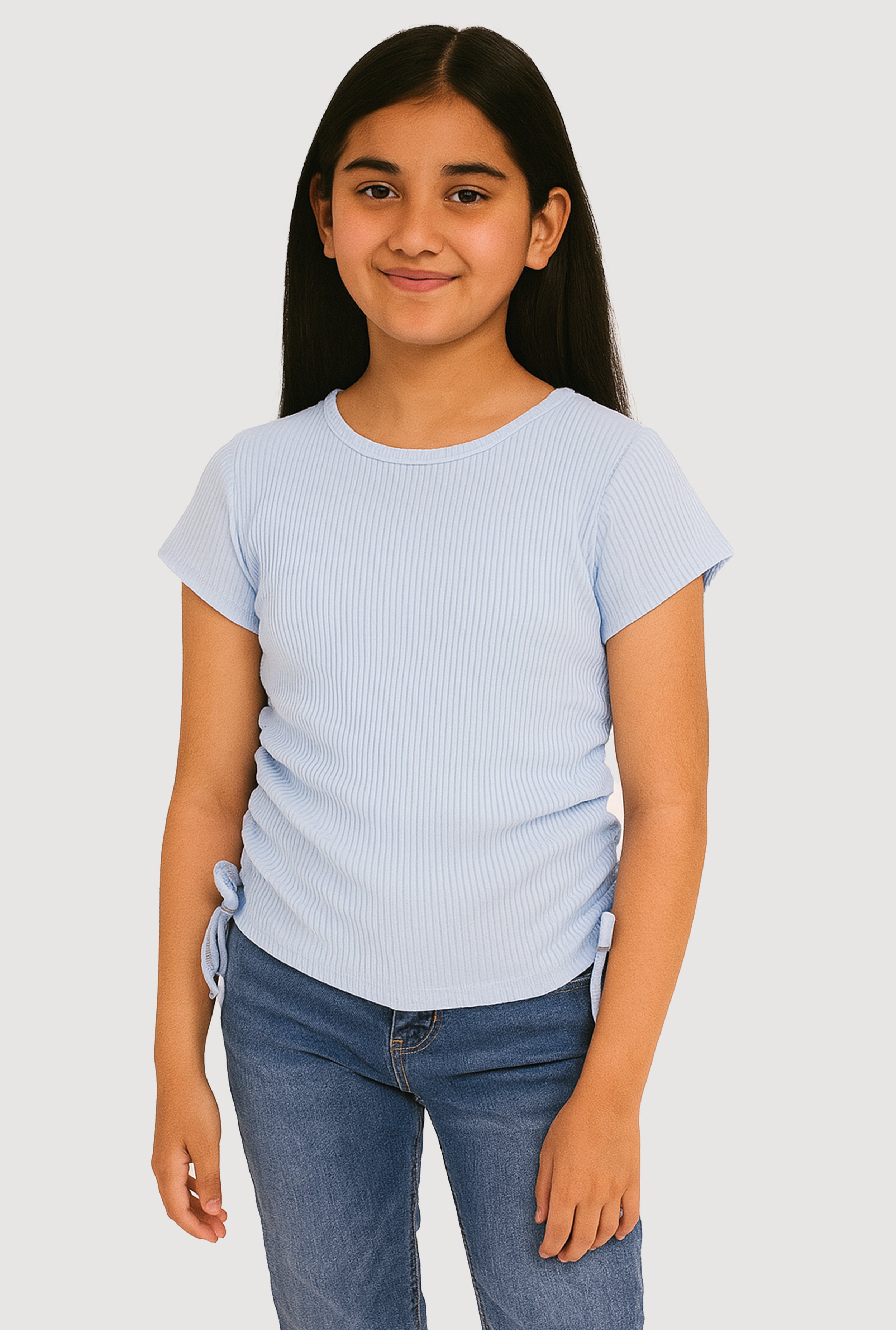 Girls Trendy Side Ruched Ribbed Knit Crew Neck Tee