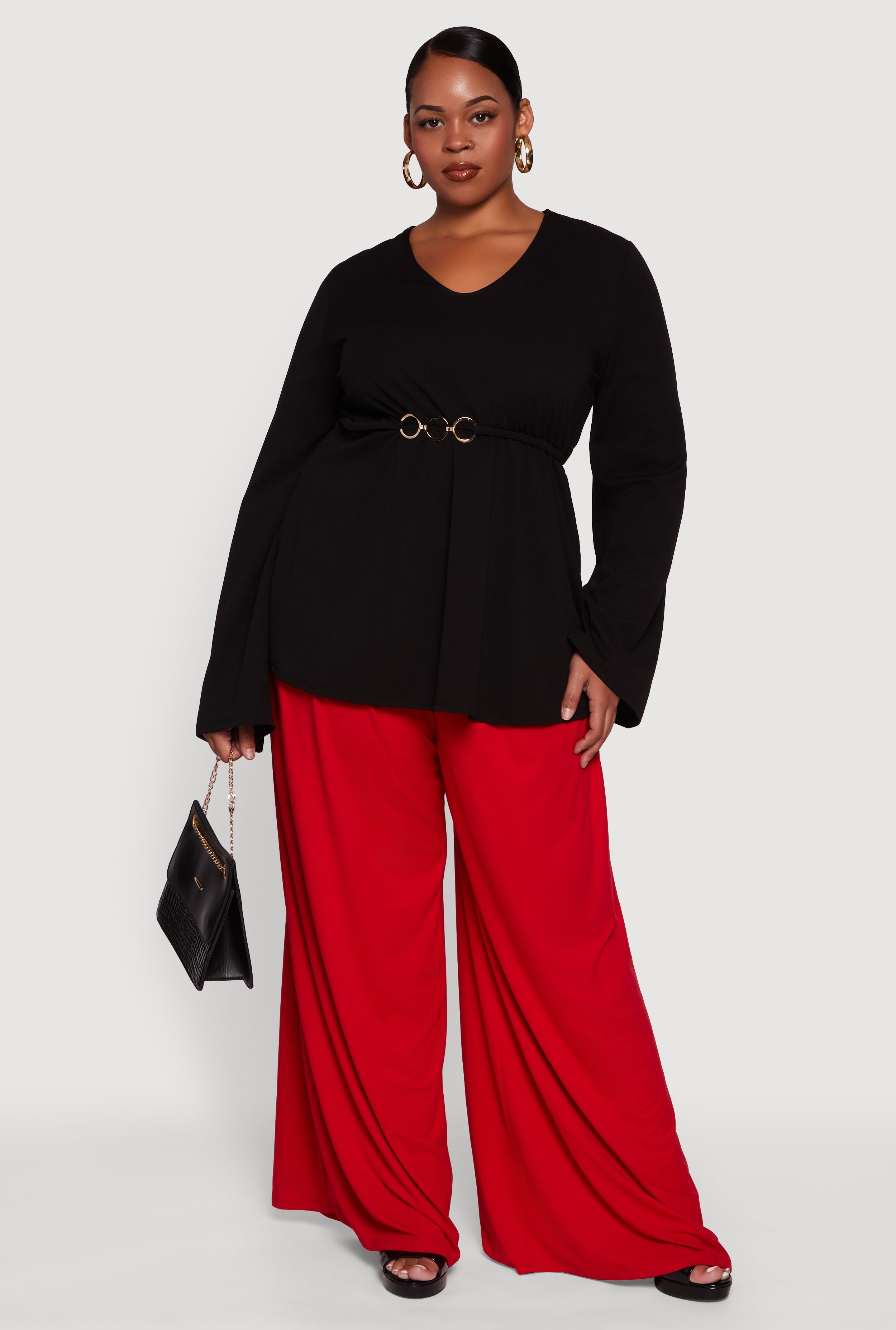 Plus Size Metallic Belted Front V Neck Bell Sleeve Blouse