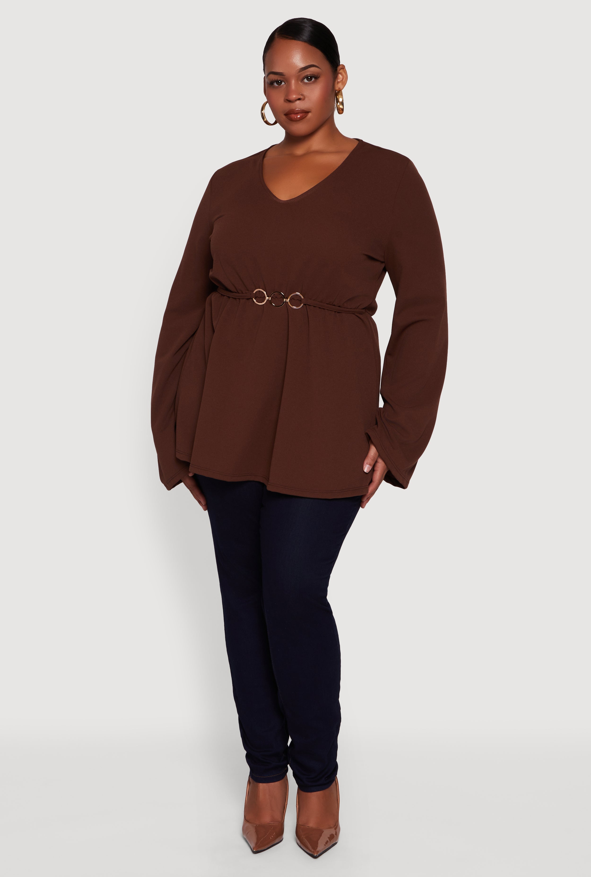 Plus Size Metallic Belted Front V Neck Bell Sleeve Blouse