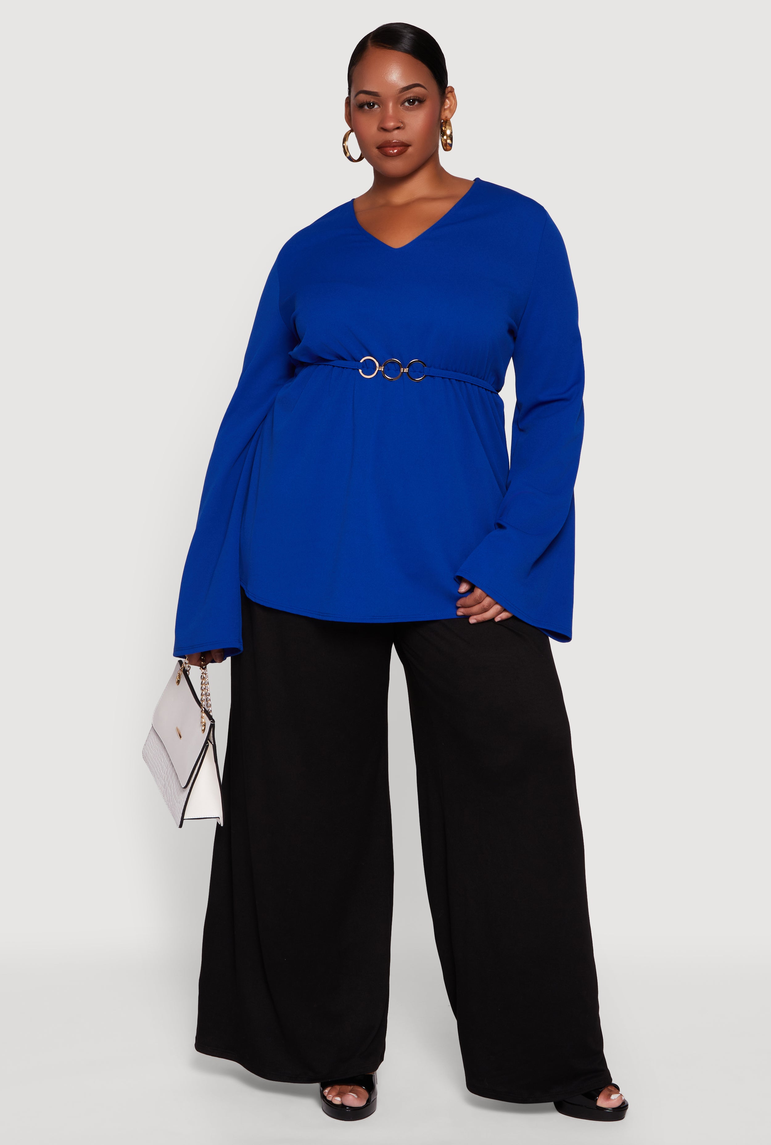Plus Size Metallic Belted Front V Neck Bell Sleeve Blouse