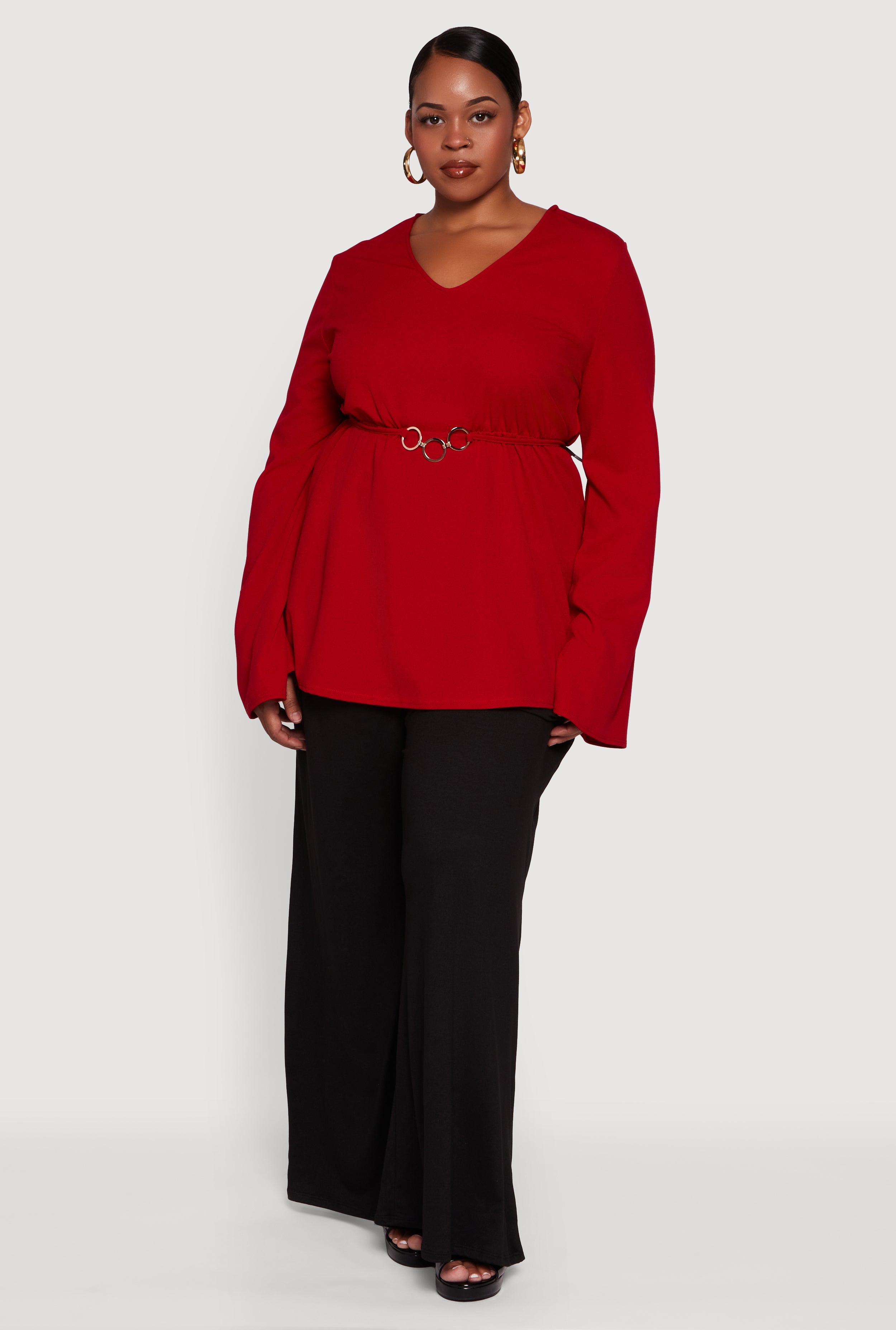 Plus Size Metallic Belted Front V Neck Bell Sleeve Blouse