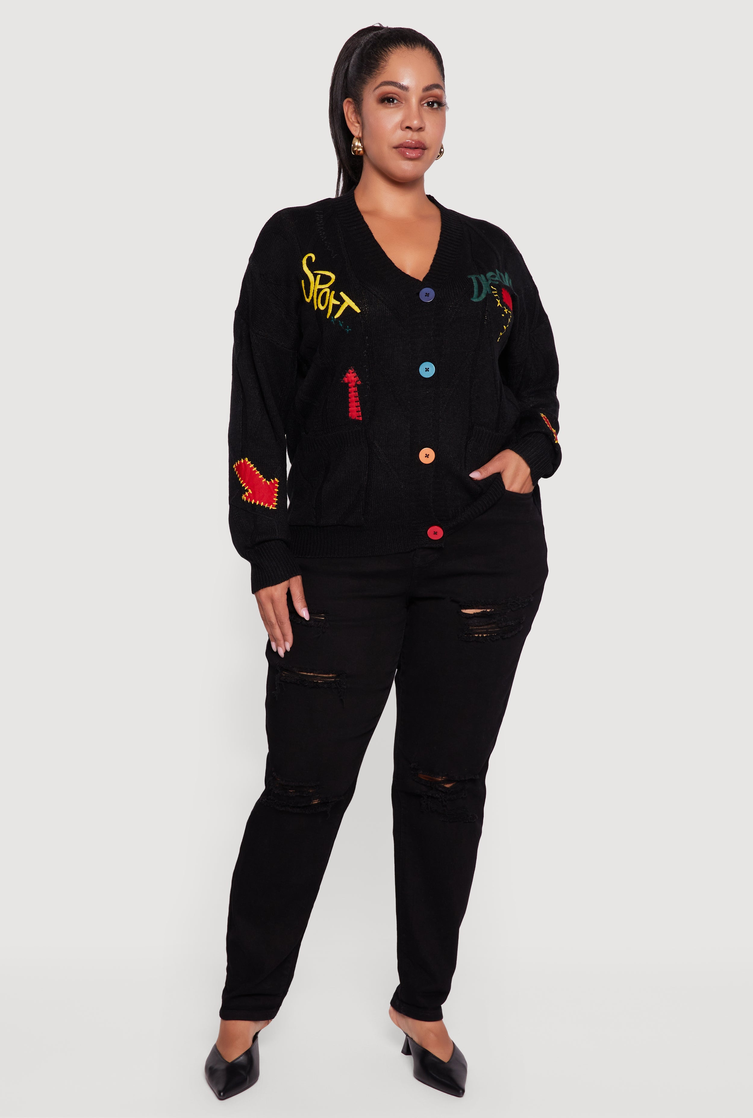 Plus Size Embroidered Patch Button Front Cardigan