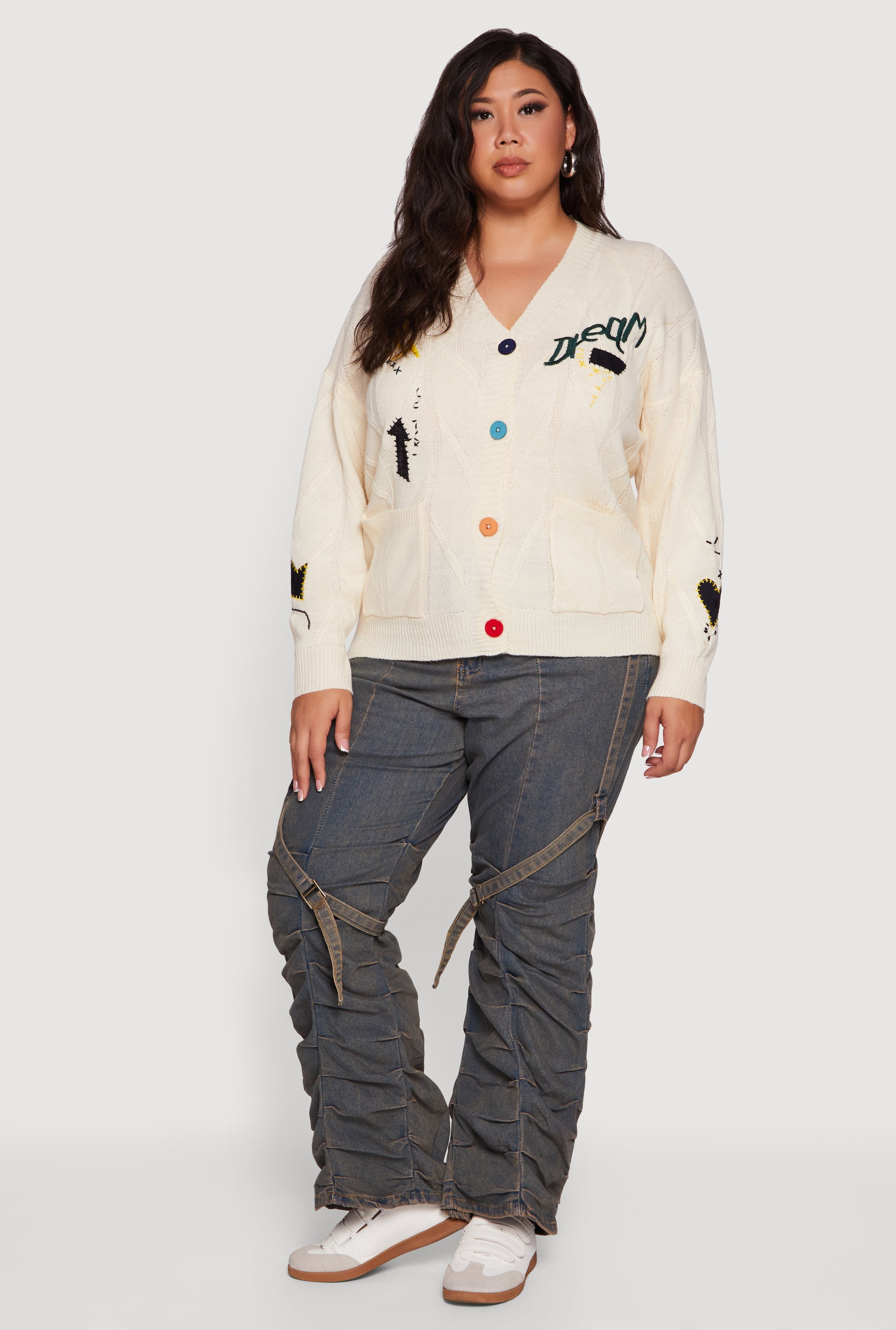 Plus Size Embroidered Patch Button Front Cardigan