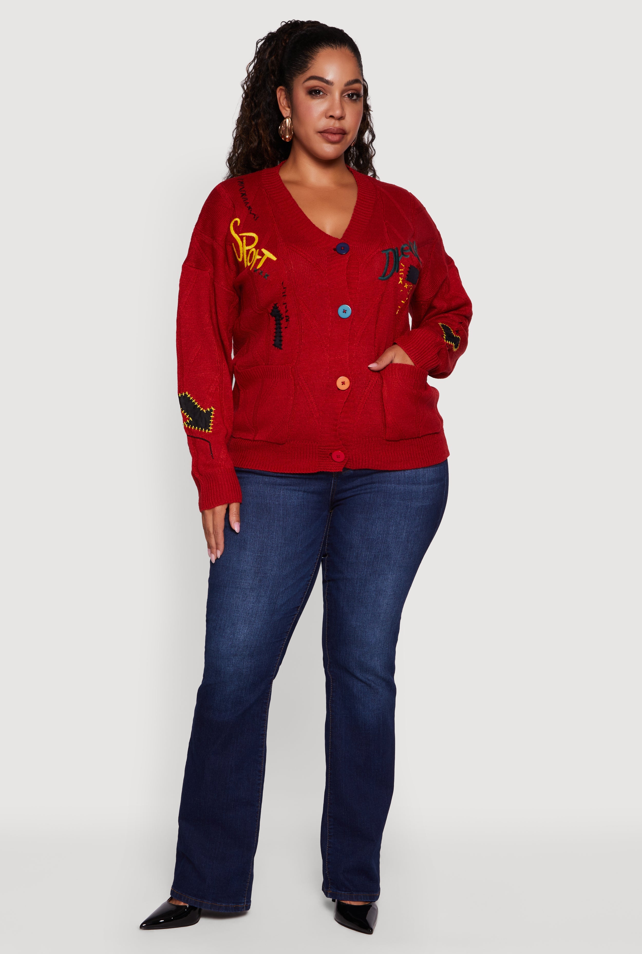 Plus Size Embroidered Patch Button Front Cardigan