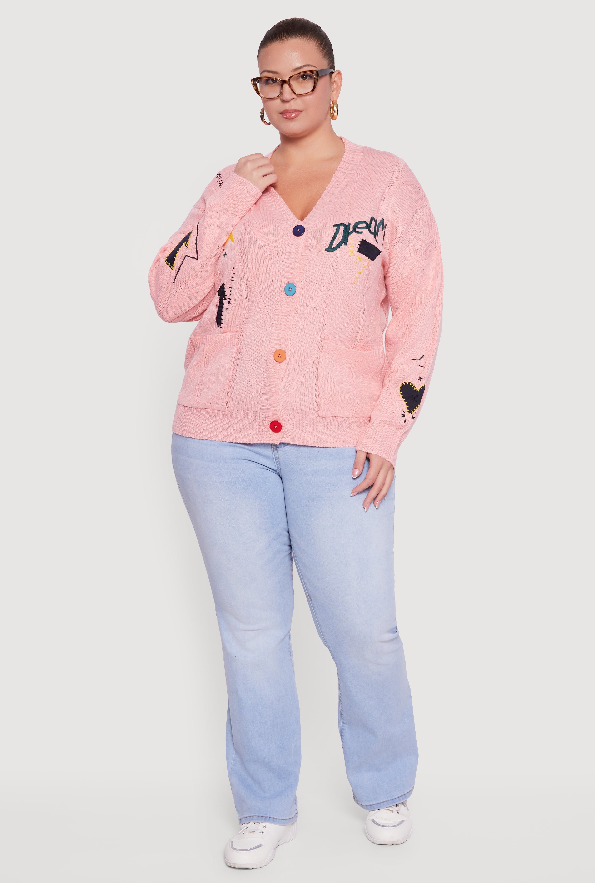 Plus Size Embroidered Patch Button Front Cardigan