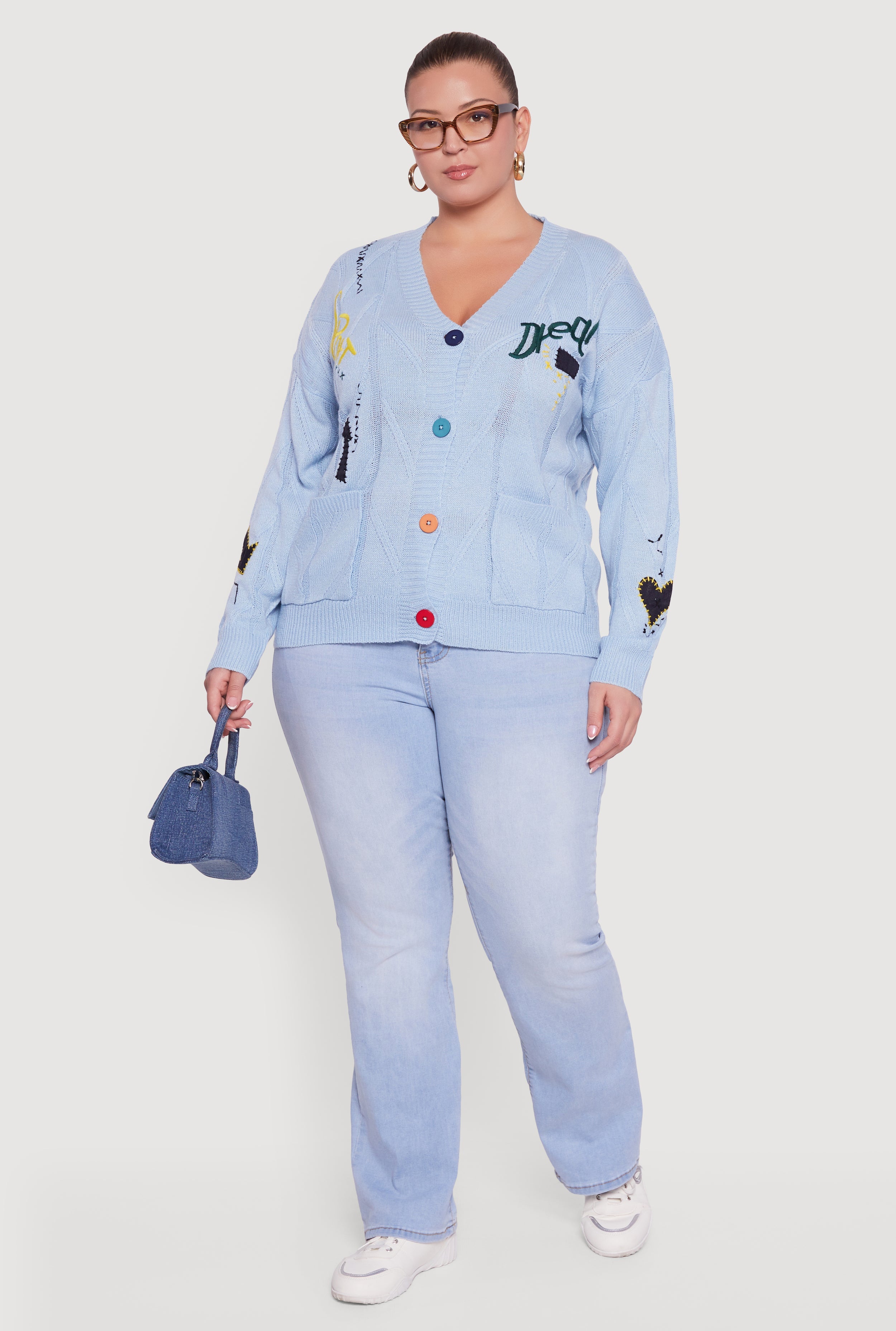Plus Size Embroidered Patch Button Front Cardigan