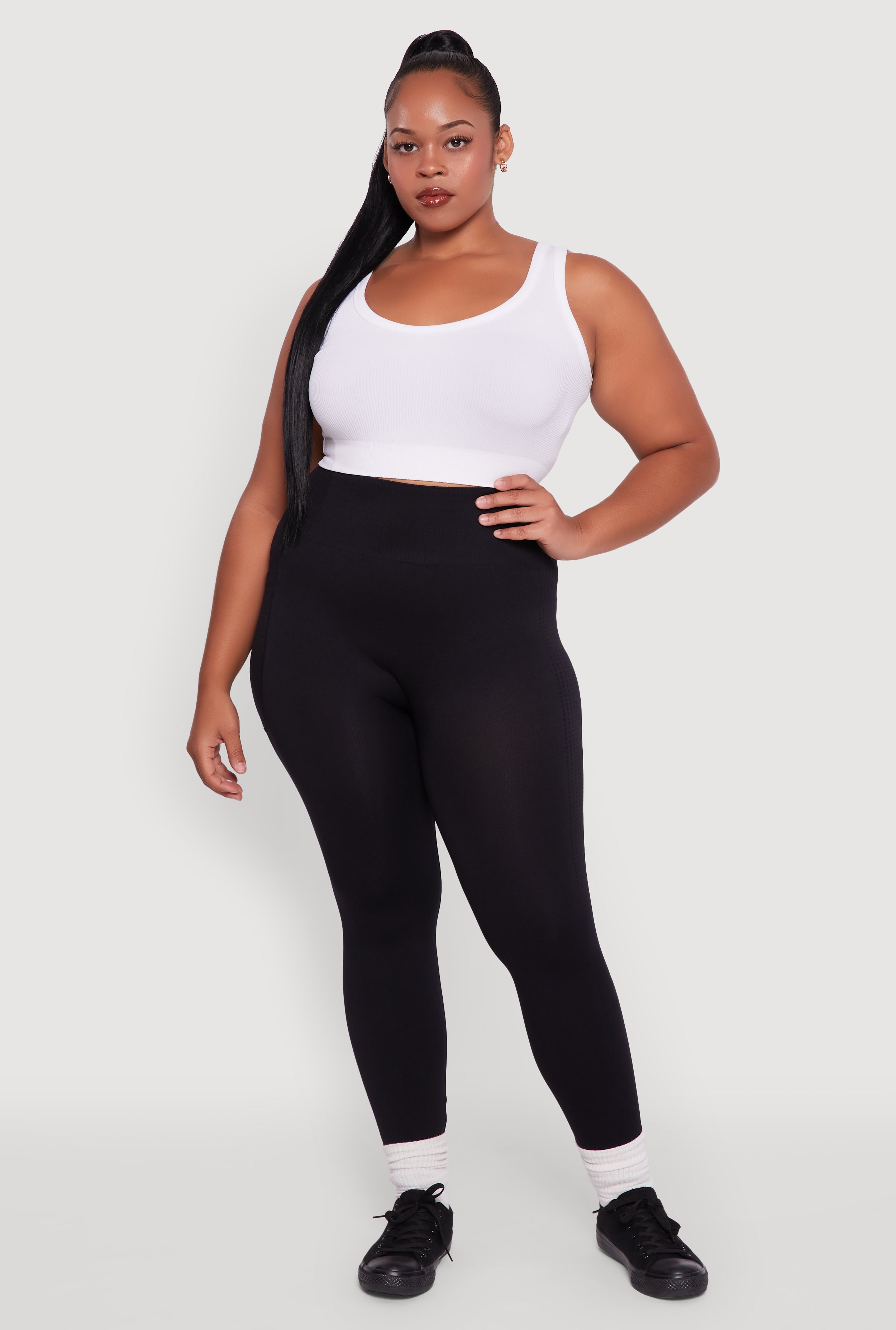 Plus Size Textured Knit Detail High Waisted Leggings with Cell Pocket